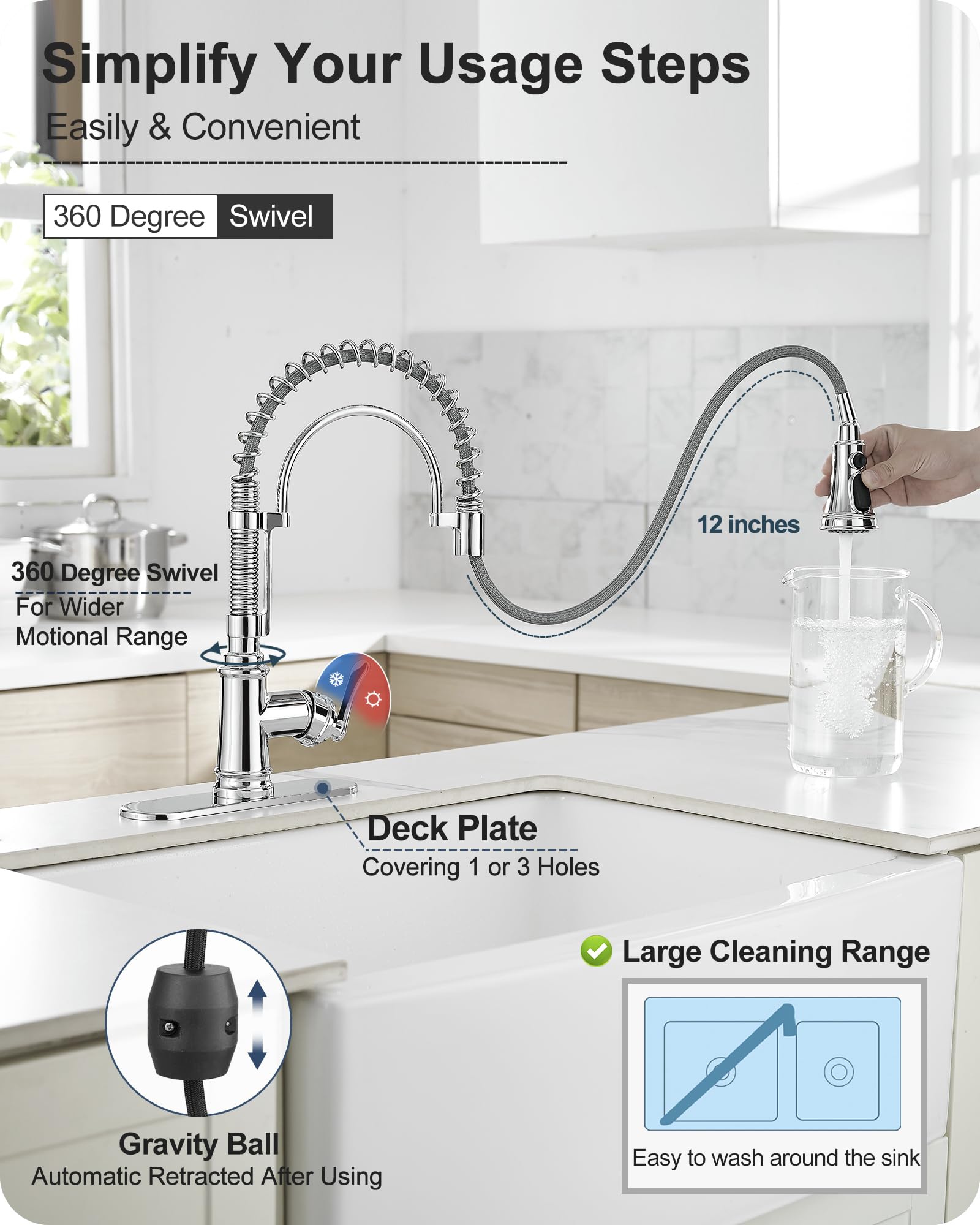 Hoigy Chrome Kitchen Sink Faucet With Sprayer, 3-Function Single Hole Kitchen Faucets 3 Hole, Single Handle Modern Kitchen Faucet, 360 Degree Swivel Spring Faucet For Kitchen Sink With Deck Plate
