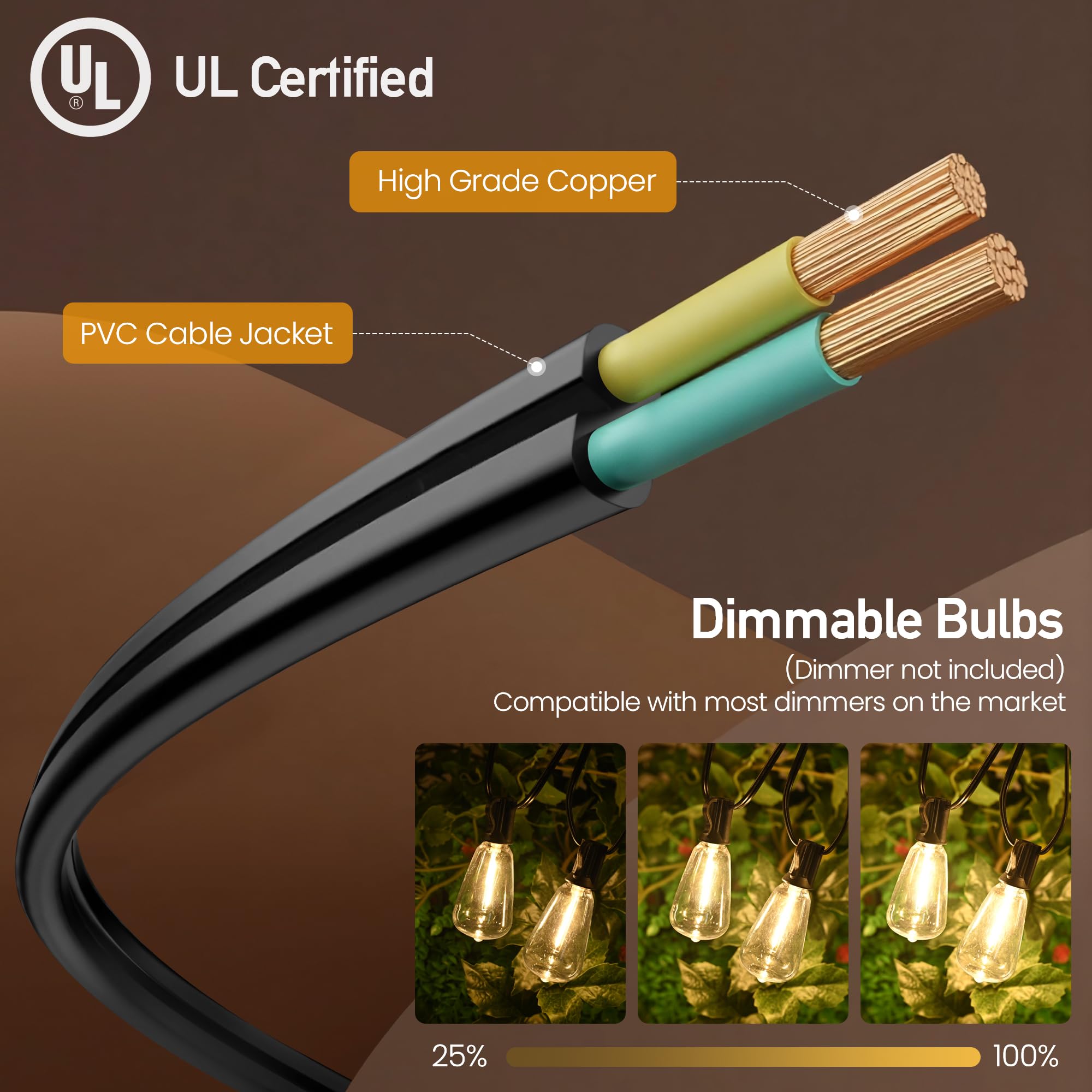 Aubverc Outdoor String Lights 100 Ft 52 Shatterproof Led Bulbs, Ul  Patio Lights Outdoor Light Strings Waterproof For Patio Yard Outside Party Wedding, Connectable Dimmable 50 Sockets 2700K