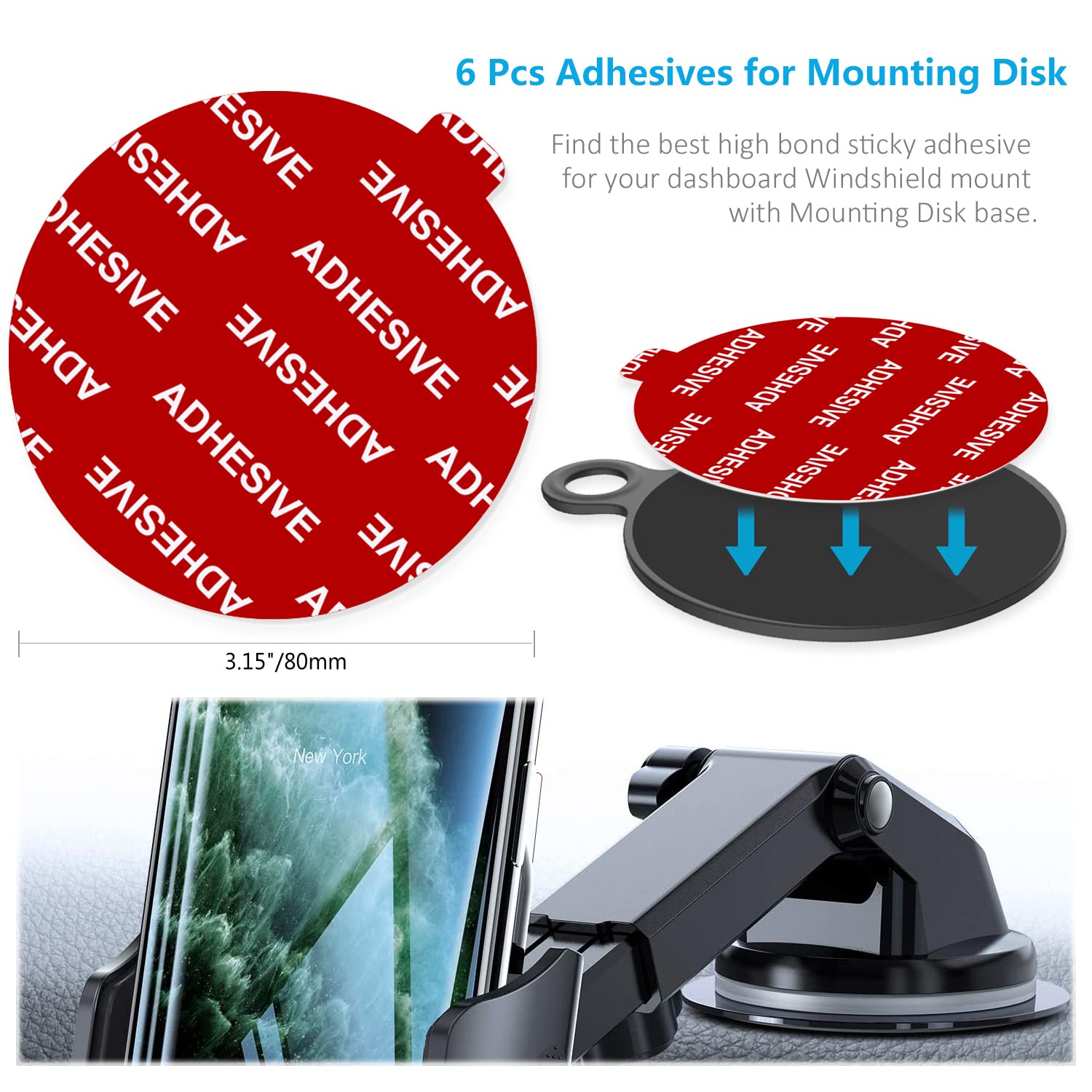 Pkyaa Dashboard Pad Mounting Disk Sticky Adhesive Replacement Kit, 6Pcs 3.15"(80Mm) Circle Heat Resistant Double-Sided Stickers For Suction Cup Car Phone Holder Disc & Windshield Dash Cam