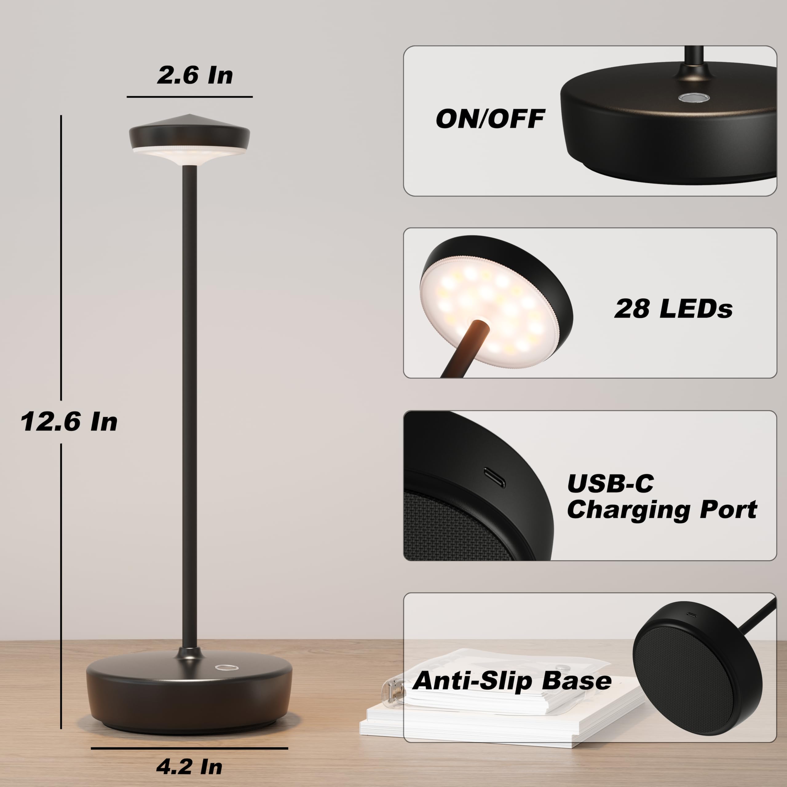 Tbbga Cordless Table Lamp Rechargeable 2Pack - Led Battery Table Light With 3 Color Temperatures, Stepless Dimming, Waterproof Aluminum For Indoor Outdoor, Patio, Restaurant, Dinner (Black)