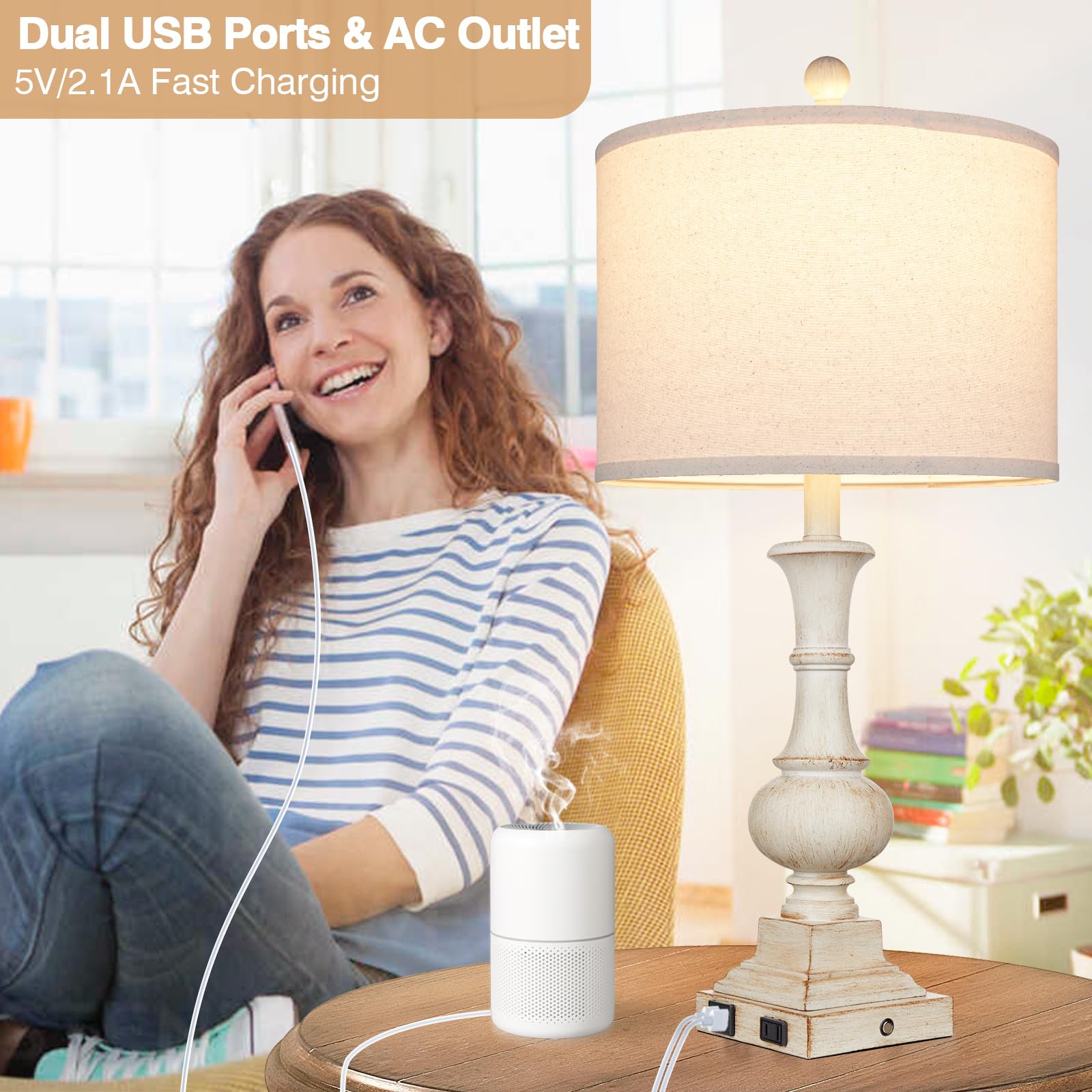 Lolikit 26" Farmhouse Table Lamp, Vintage Rustic Touch Control Bedside Lamp With 2 Usb Ports & Ac Outlet, Boho Resin 3-Way Dimmable Nightstand Lamp Linen Fabric Shade For Living Room Bedroom End Table White
