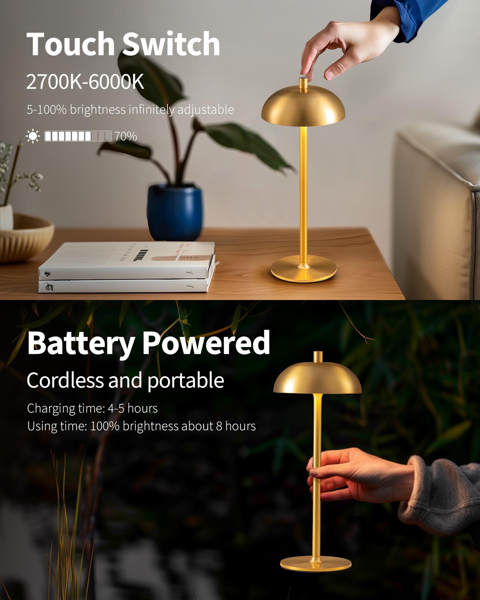 Newsee Cordless Led 12" Small Table Lamps Set Of 2, Modern Portable Desk Lamp, 3 Color Dimming Rechargeable Battery Lights, For Bedroom, Outdoor, Restaurant, Bedside, Baby Night Light, (Gold)