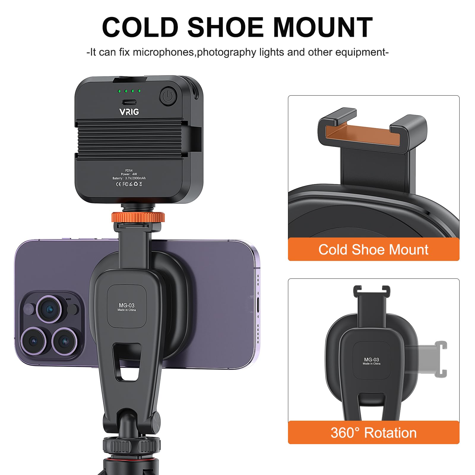 Vrig Mg-03 Magnetic Phone Tripod Mount,Tripod Mount For Magsafe Cold Shoe For Iphone.14.13.12 Series,Magnetic Ring Compatible With All Phones & All Cases,360° Rotation,For Tripods,Cameras
