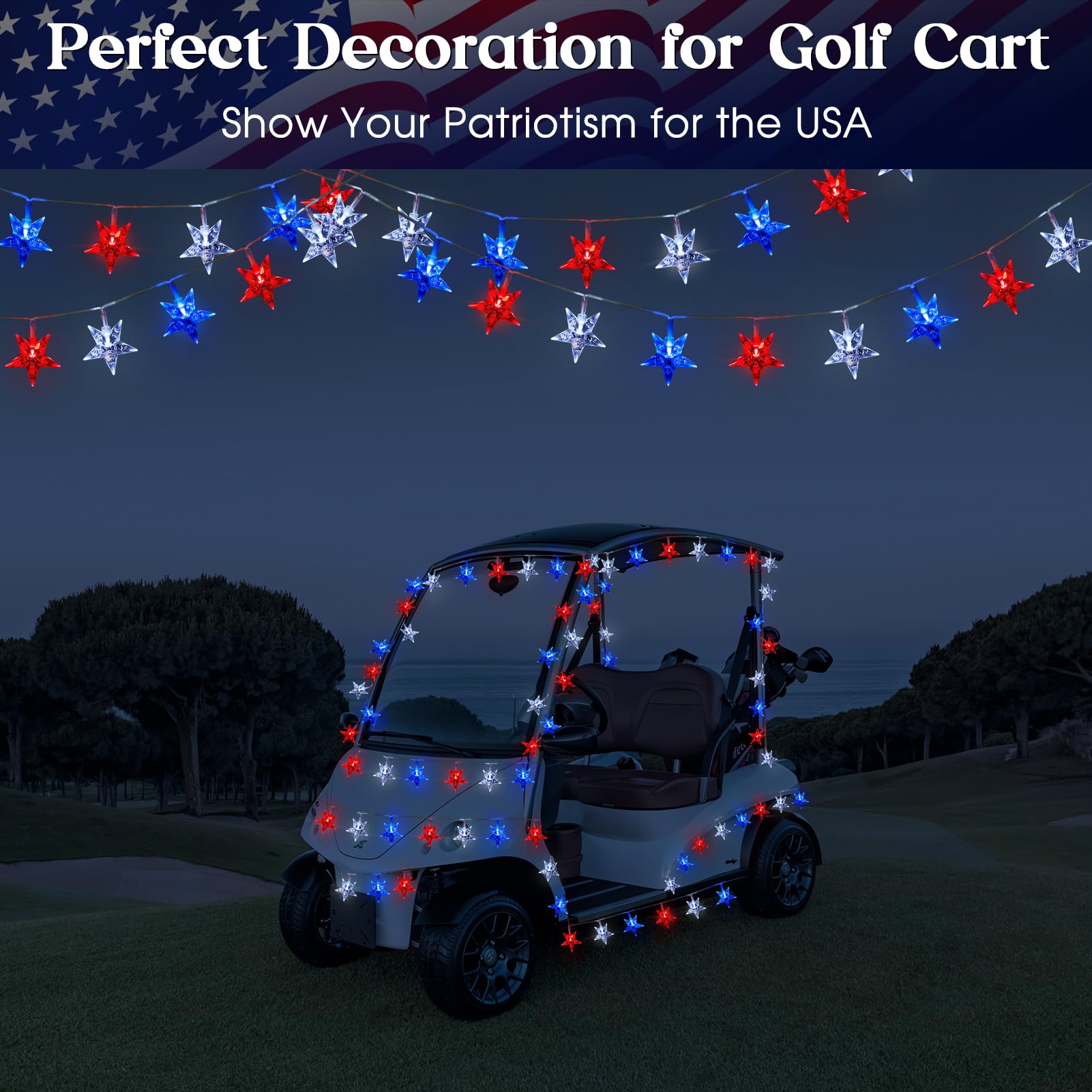 Reyeeinc Solar 4Th Of July String Lights, 100 Stars And 39.4Ft Outdoor Waterproof Red White And Blue Lights, Solar Battery Operated Fourth Of July Patriotic Lights For Golf Cart, Camping, Outside Decorations