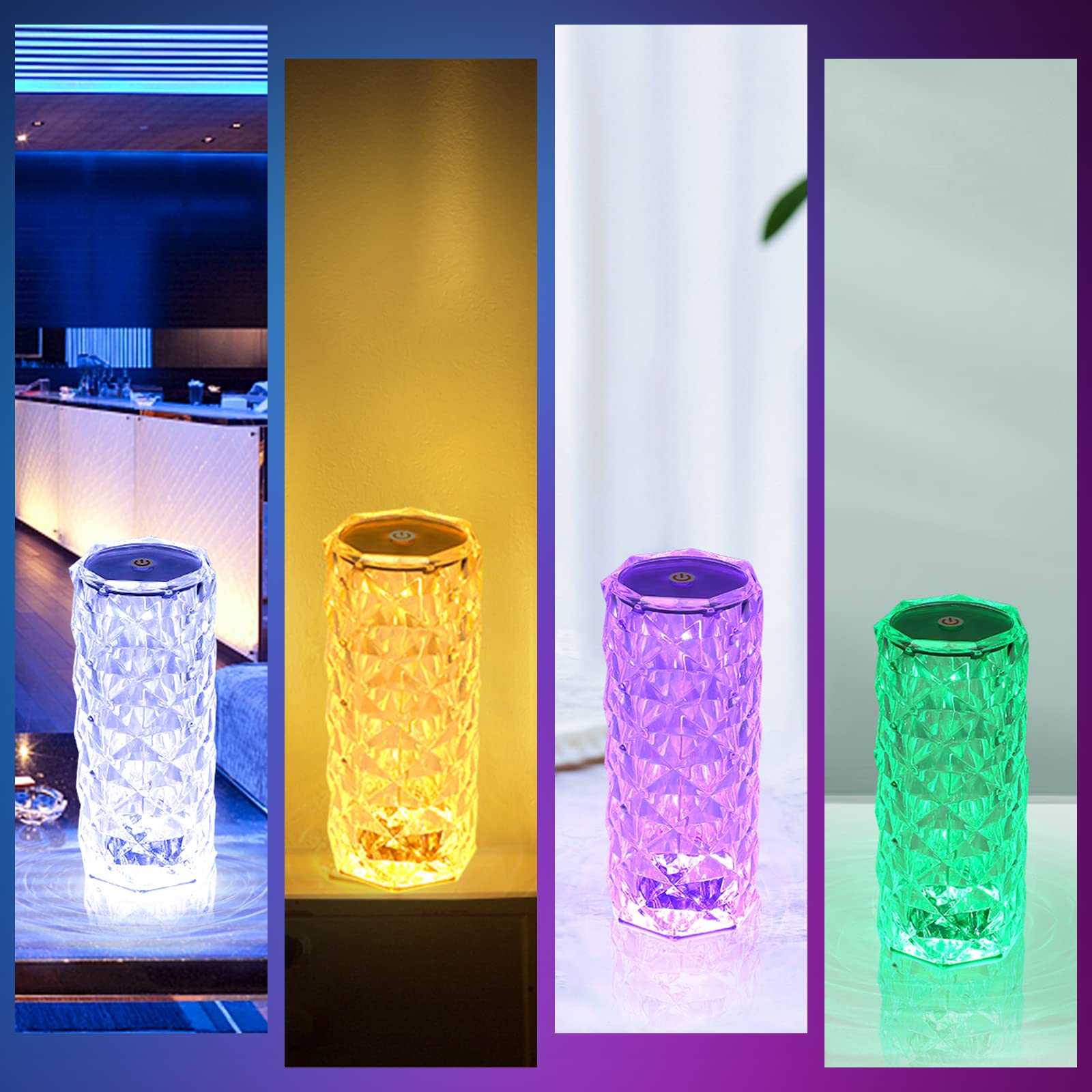 Xibulun 2 Pack Crystal Lamp - Touch Control Rose Crystal Lamp Light For Bedroom, 16 Color Dimmable Led Desk Lamp Light, Battery Operated Small Table Lamp For Bedroom With Remote Controller