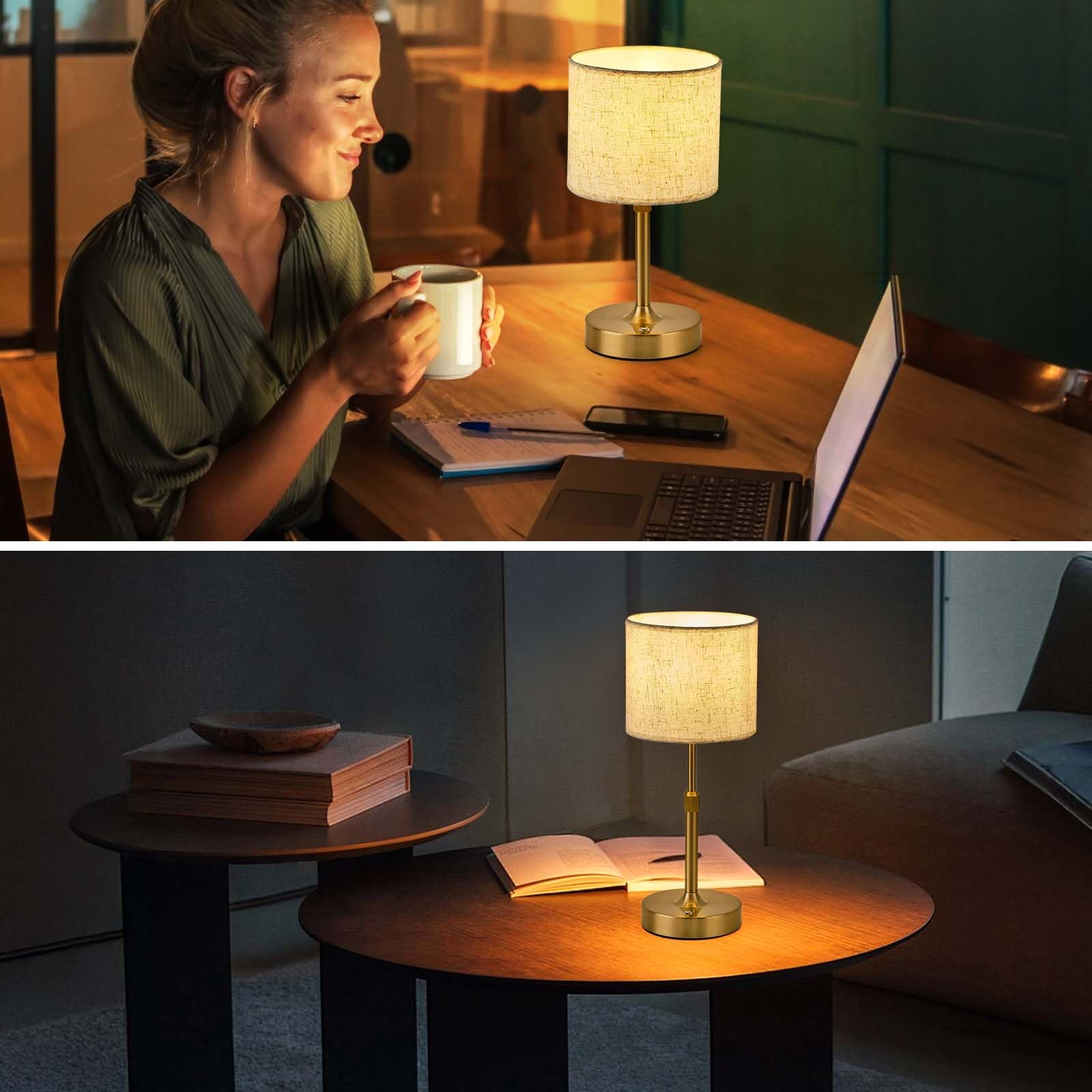 Sisihokai Portable Rechargeable Cordless Table Lamp, Touch Dimmable Battery Operated Lamp, Height Adjustable Bedside Lamp, Ambient Light For Kitchen, Patio, Restaurant, Antique Brass, Linen