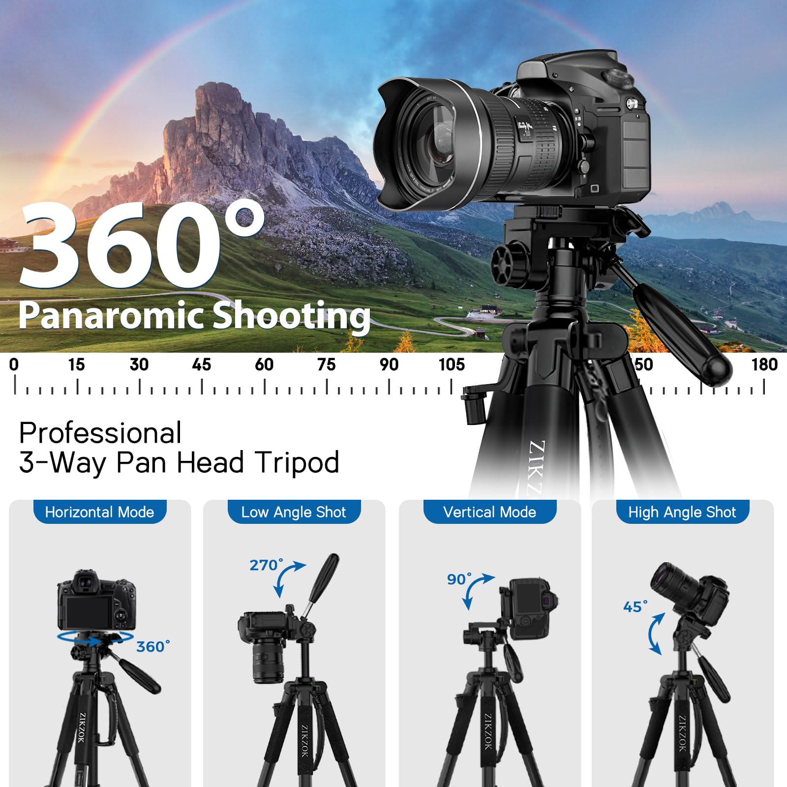 Zikzok 75" Camera Tripod, Tripod For Iphone Ipad, Aluminum Professional Heavy Duty Camera Tripod Stand With Wireless Remote/Carry Bag Compatible With Dslr/Slr/Dv/Gopro (Black)