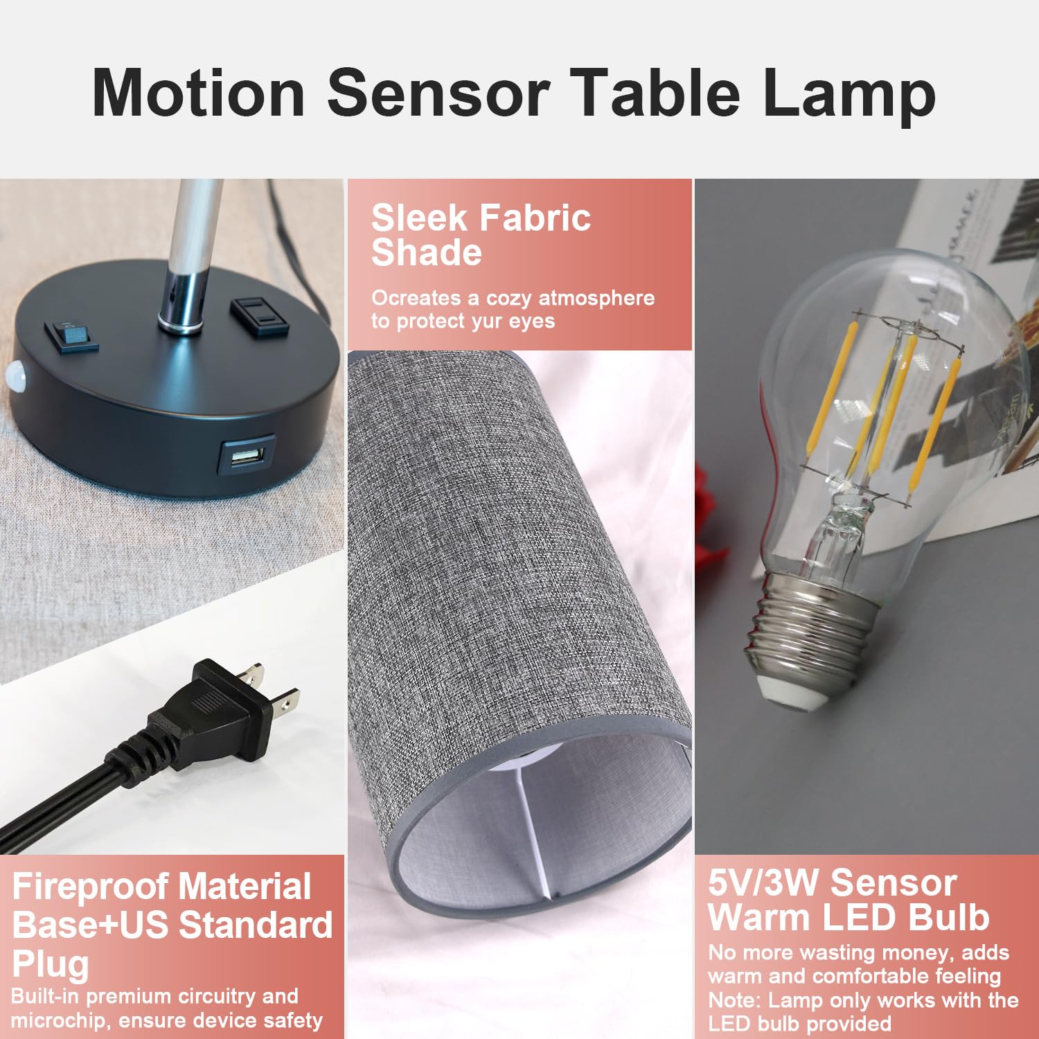 Lifeholder Motion Sensor Usb Lamp With Warm White Bulb, Fabric Shade, Built-In Usb Port & Ac Outlet - Bedside Lamp For Bedroom Or Living Room