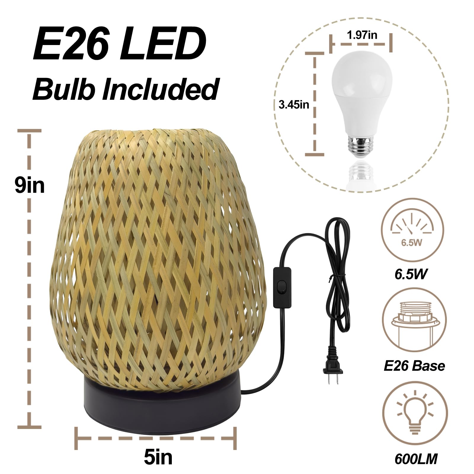 Jriceskiz Dimmable Rattan Table Lamp, Handmade Boho Woven Nightstand Lamp, Adjustable Warm Glow For Bedroom, Living Room, And Home Decor