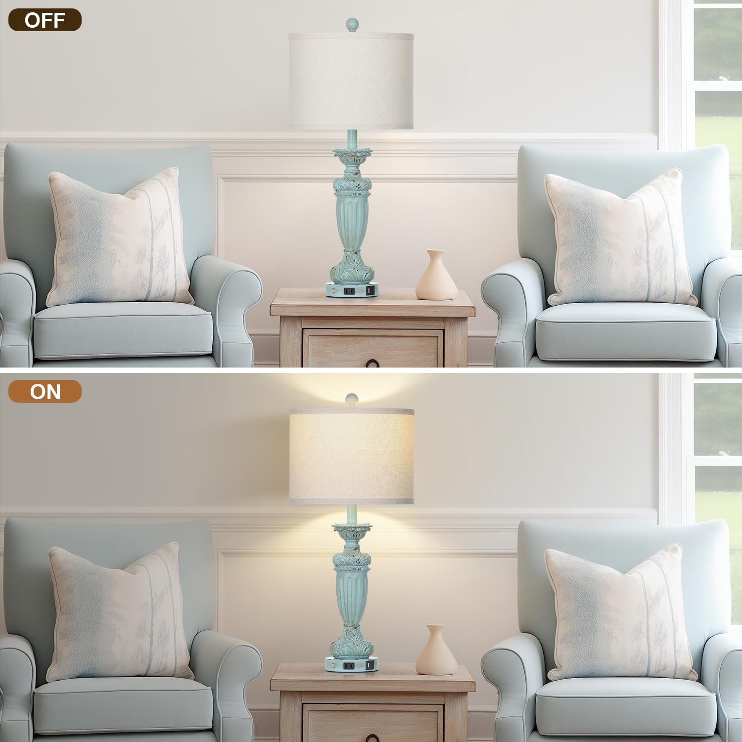 Rinweey 27.5" Farmhouse Resin Table Lamps Set Of 2 For Living Room 3-Way Dimmable Table Lamp With Usb C+A Ports,Light Blue Desk Lamps,Traditional Bedside Lamps Use For Bedroom Nightstand (Blue)