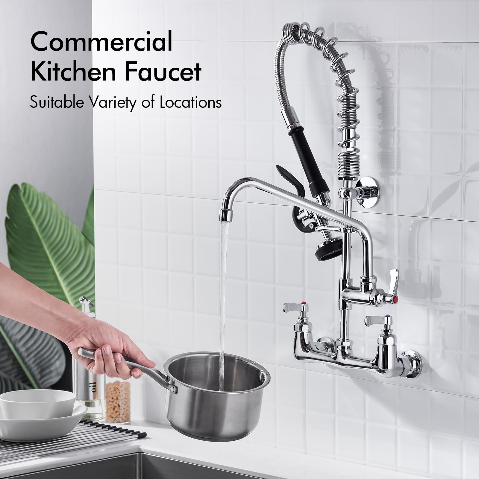 Bagnolux Commercial Sink Faucet, 8" Center Wall Mount Base With Pull Out Spray 9.6" Add-On Swing Spout 25" Height, Double Handle Pre Rinse Sprayer Commercial Rv Kitchen Faucet With Ceramic Valve