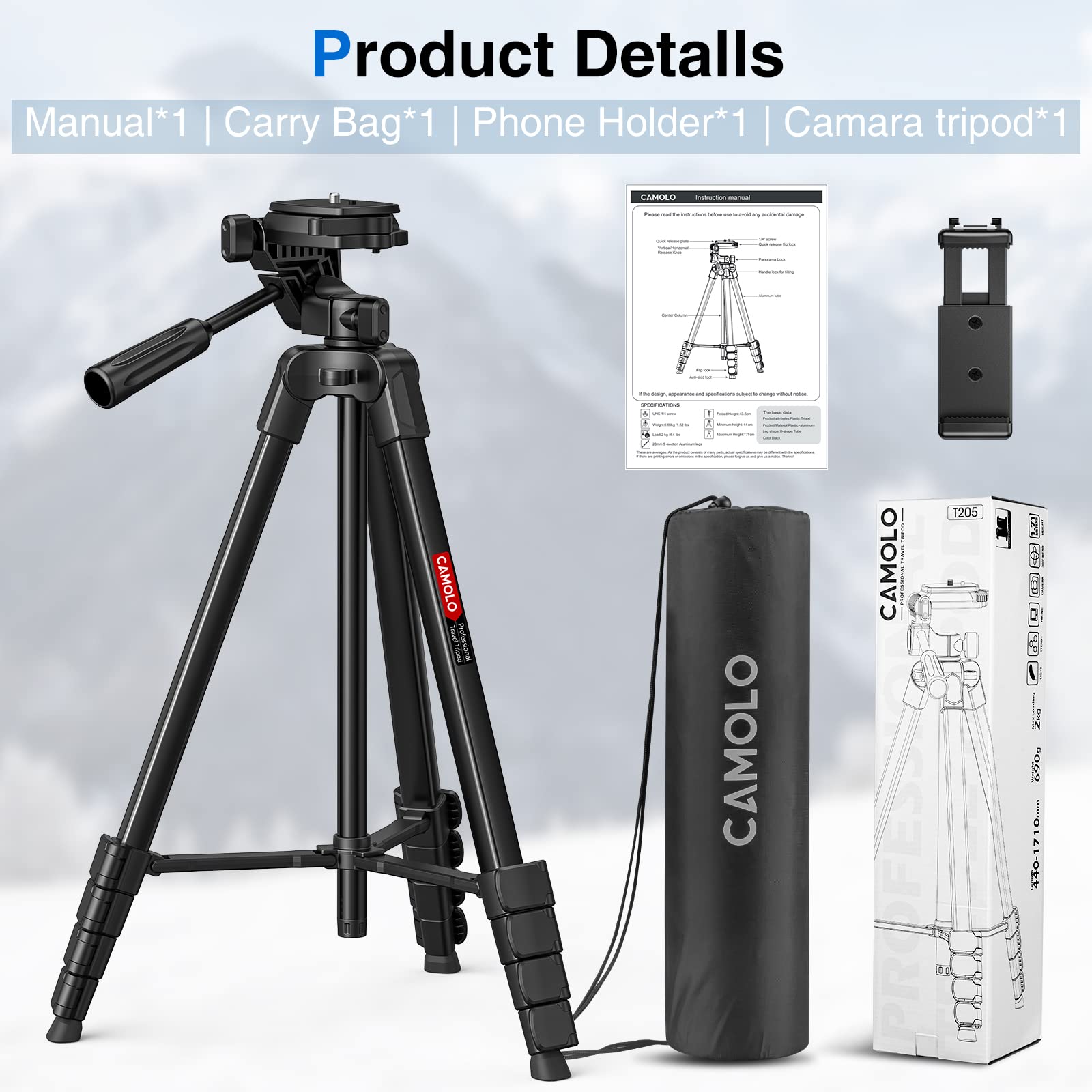 Camolo Phone Tripod，67”Camera Tripod Dslr Tripod For Travel Aluminum Camera Tripod With Travel Bag Vlogging Camera Cell Phone Tripod Video Photography For Youtube