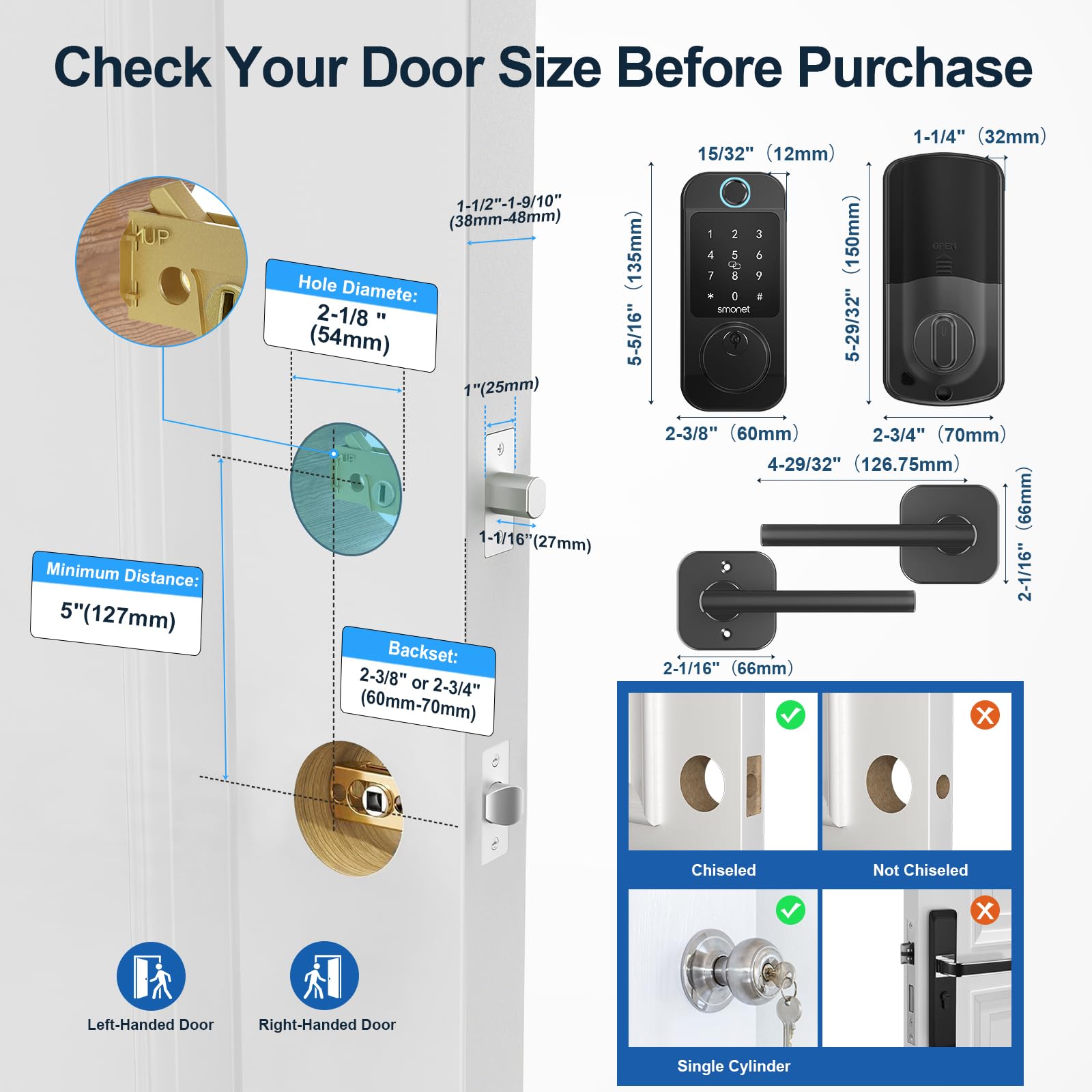Smonet Keyless Door Lock With Handle Set - Wifi Fingerprint Smart Locks For Front Door, App Remote Control, Digital Bluetooth Keypad Deadbolt Set With Alexa, Auto Lock, Code, Fobs For Home Black