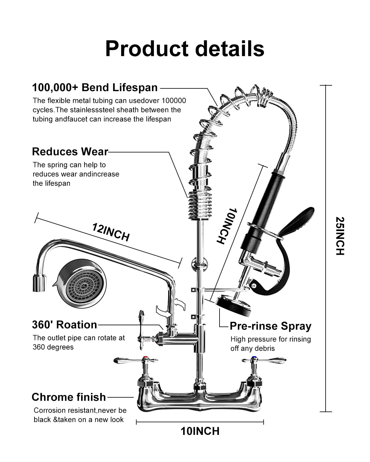 Qanbain Commercial Sink Faucet,Commercial Faucet With Sprayer Adjustable Center Wall Mounted Restaurant Faucets,12" Spout Andpull-Down Pre-Rinse 25” Height Suitable For 1, 2 Or 3 Sinks