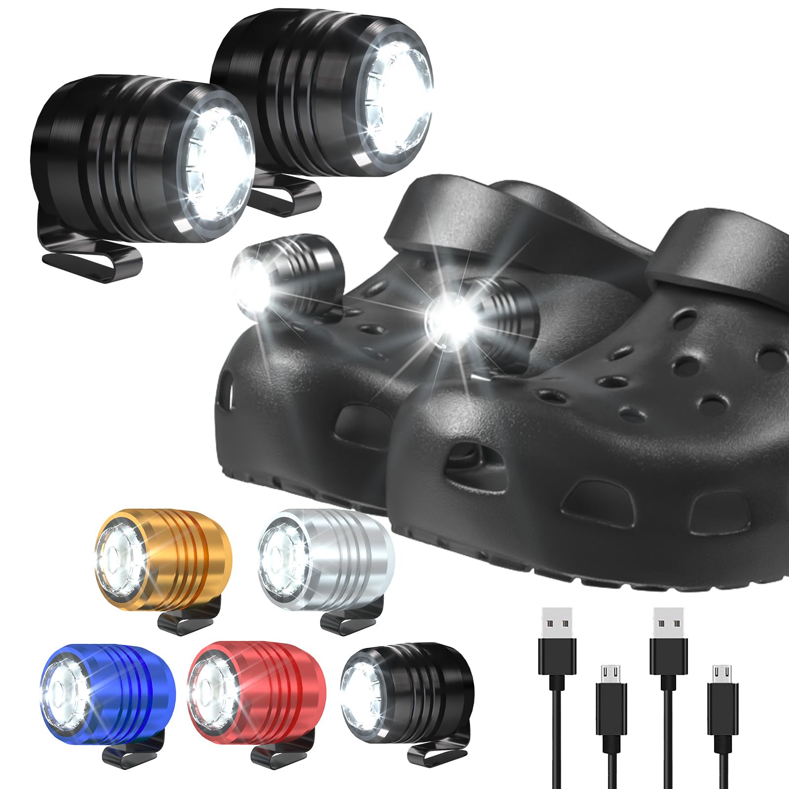 Auksky 2 Rechargeable Headlights Compatible With Clog, Adjustable Light For Shoes, Flashlights Accesories For Kids Adults Sandals, Clip On Clog, Headlamps Shoes Decorations