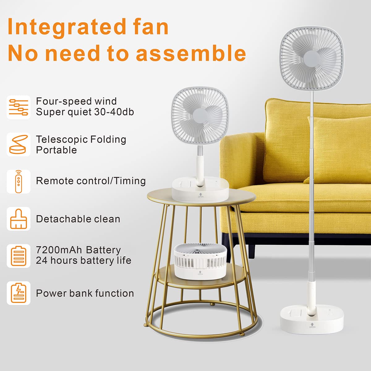 Portable Pedestal Fan - Foldaway Standing Fan Foldable Desk Fan, Use 7200Mah Rechargeable Battery
