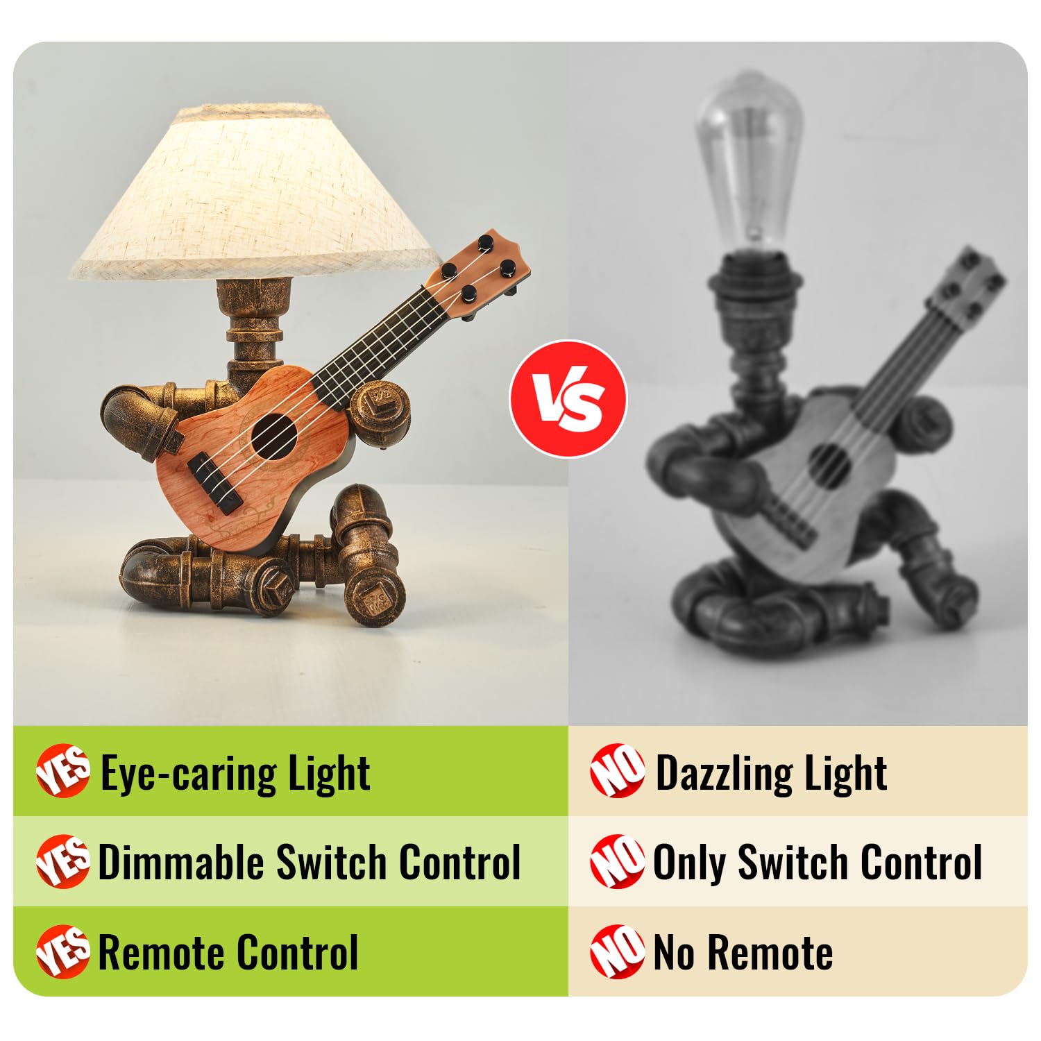 Lovefindahome Vintage Industrial Robot Guitar Table Lamp With Bulb - Remote Control,Timer,Dimmable - Cool For Music Lovers,Men,& Musicians - Steampunk & Retro Style Bronze