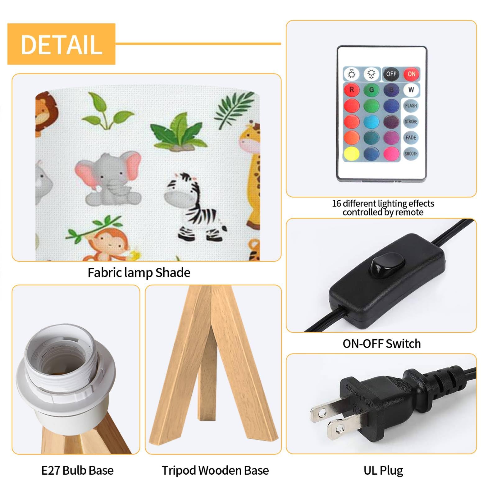 Umibuds Dqwijakx91 Tripod Table Lamp Jungle Animal Set Modern Bedside Dimmable Desk Lamp Wooden Base Fabric Lampshade For Kids Room, Nursery, Bedroom, Living Room