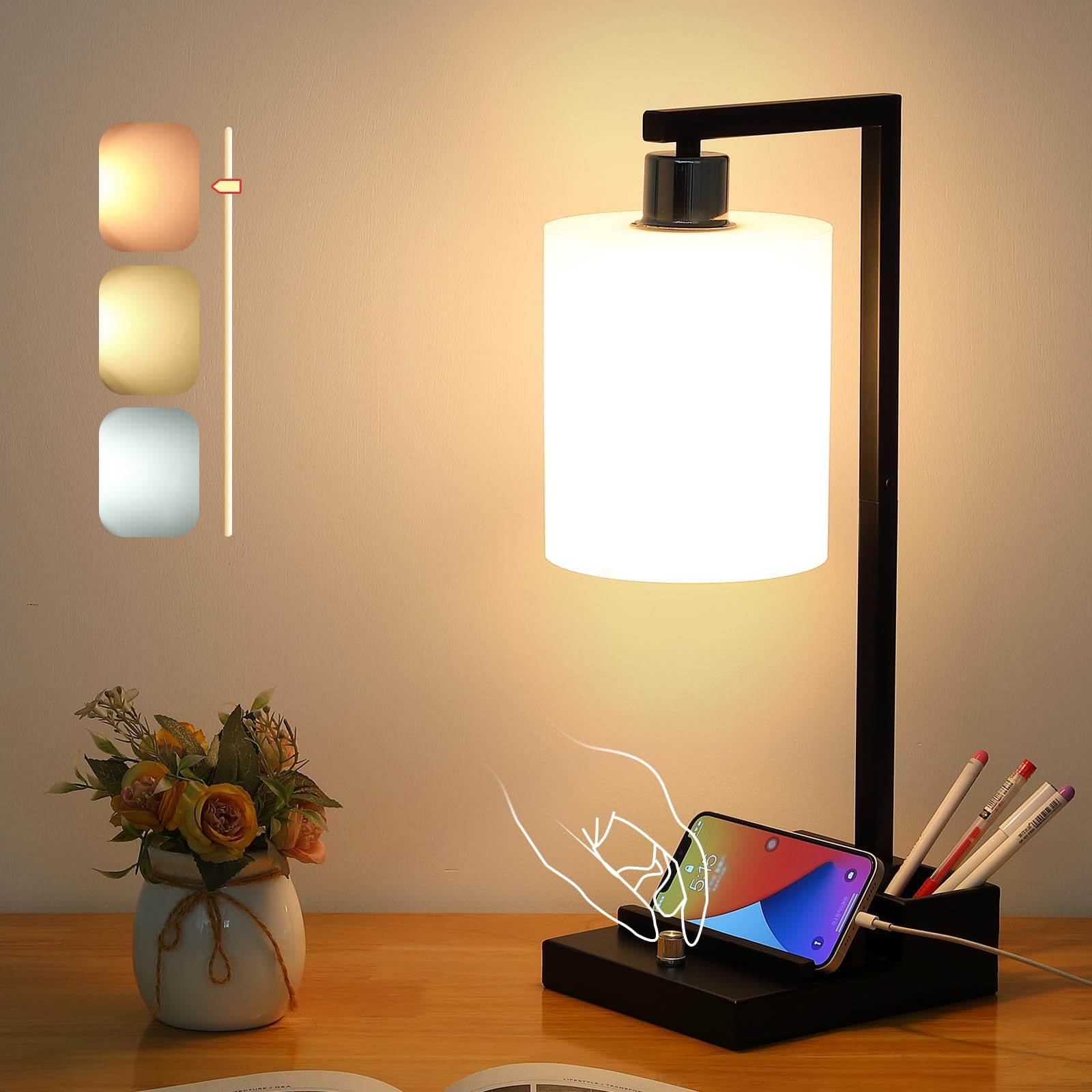 Iporovon Dimmable Bedside Table Lamp With Dual Usb Ports & Ac Outlet, Adjustable Brightness & Color Temperature, Phone Holder & Pen Slot Organizer Base, End Table Lamp For Living Room Bedroom Home Office