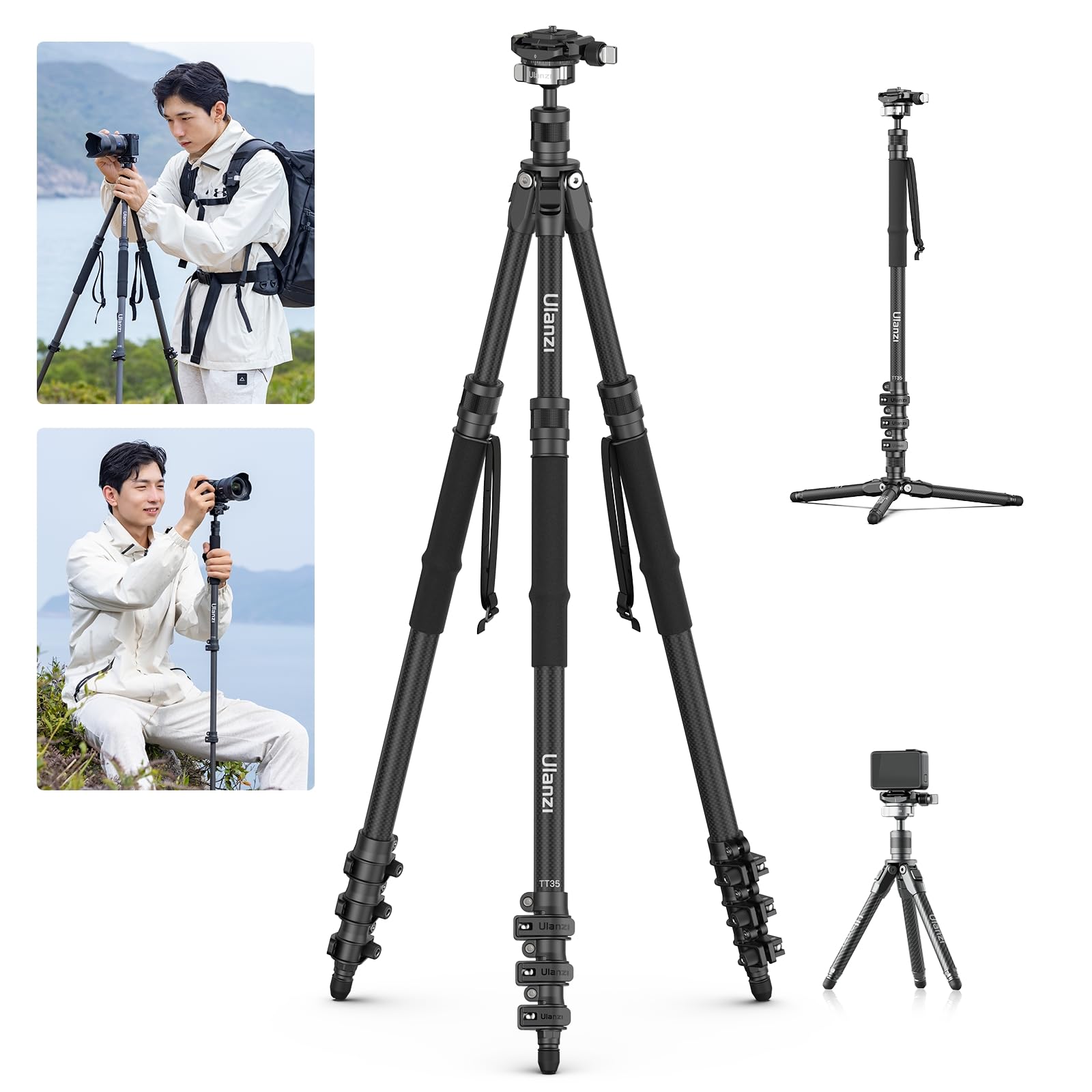 Ulanzi Tt35 Hiking Stick Tripod Kit, Travel Camera Monopod, 57.48" Detachable Carbon Fiber Stand Kit With 3 Hiking Pole & Mini Tripod & Removable Arca Qr For Dslr Camera Camcorder