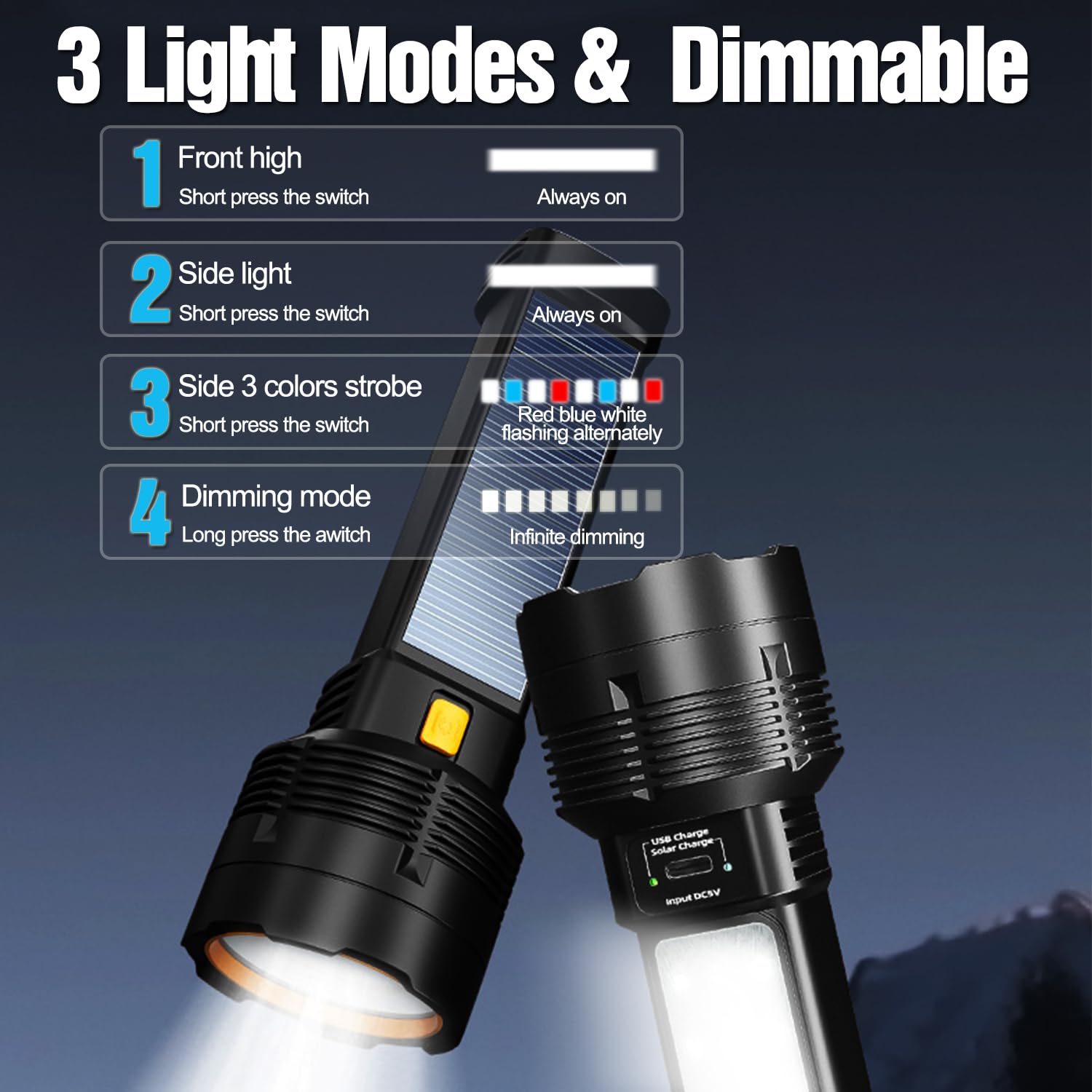 Mviocs Led Flashlight Solar/Rechargeable, Powerful Flashlight Torch With 3 Modes, Super Bright Small Led Flash Light Waterproof,Adjustable Brightness For Camping,Outdoors,Emergency