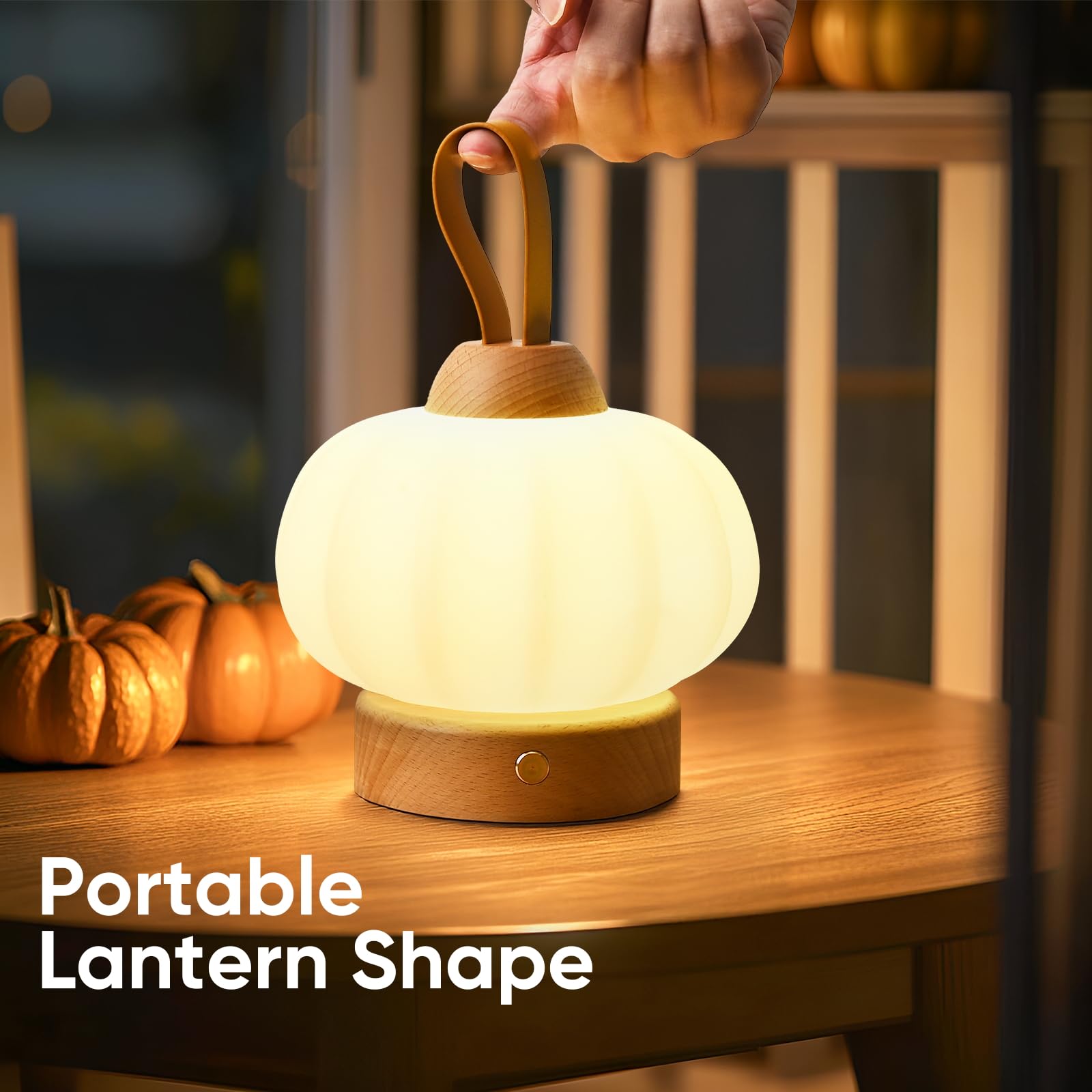 Lonrisway Led Wood Cordless Table Lamp Rechargeable With Dimming Eye-Care Lighting, Portable Touch Lamp For Outdoor Camping Living Room Bedroom Bedside Office Pumpkin Shape Lantern