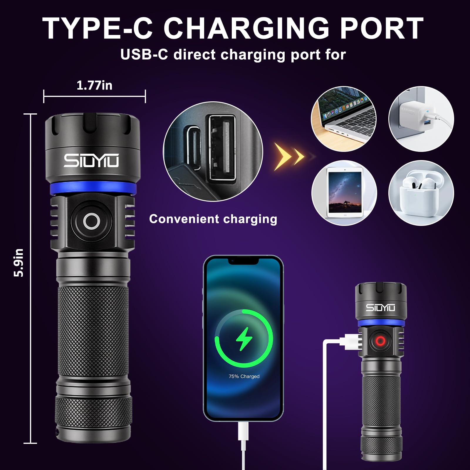 Siuyiu 365Nm Uv-Flashlight Blacklight, 60W 6Led Usb-C Rechargeable, Black Light Flashlights For Pet Urine Detection, Resin Curing, Rock Hunting, Mineral Detection- Ip65 Waterproof & Portable Handheld Torch