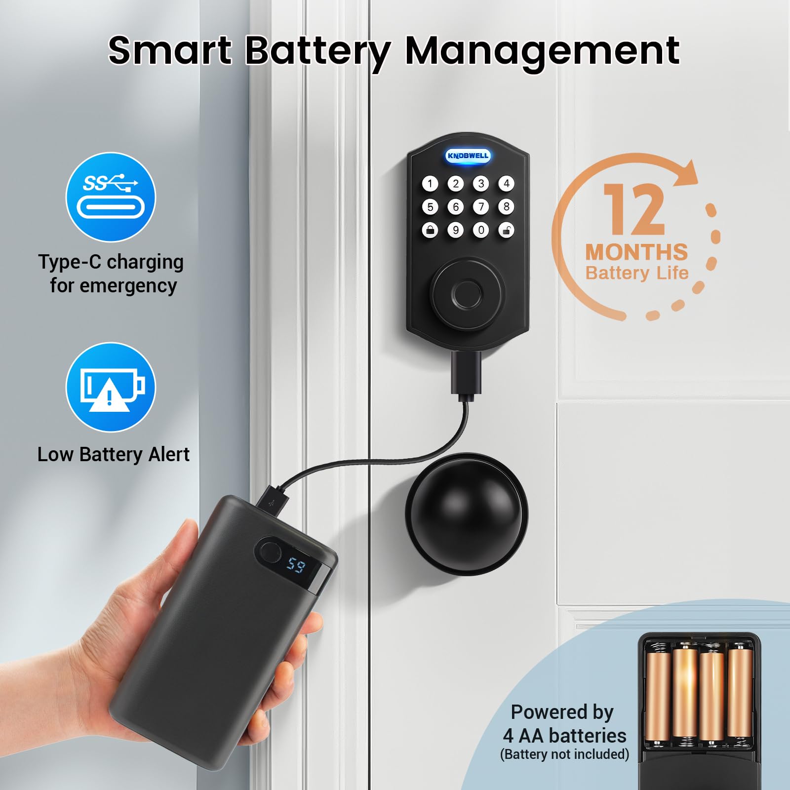 Knobwell Electronic Keypad Deadbolt With Door Knob, Keyless Entry Door Lock With Handle, Smart Lock For Front Door, App Control Keypad Biometric Electronic Digital Door Lock