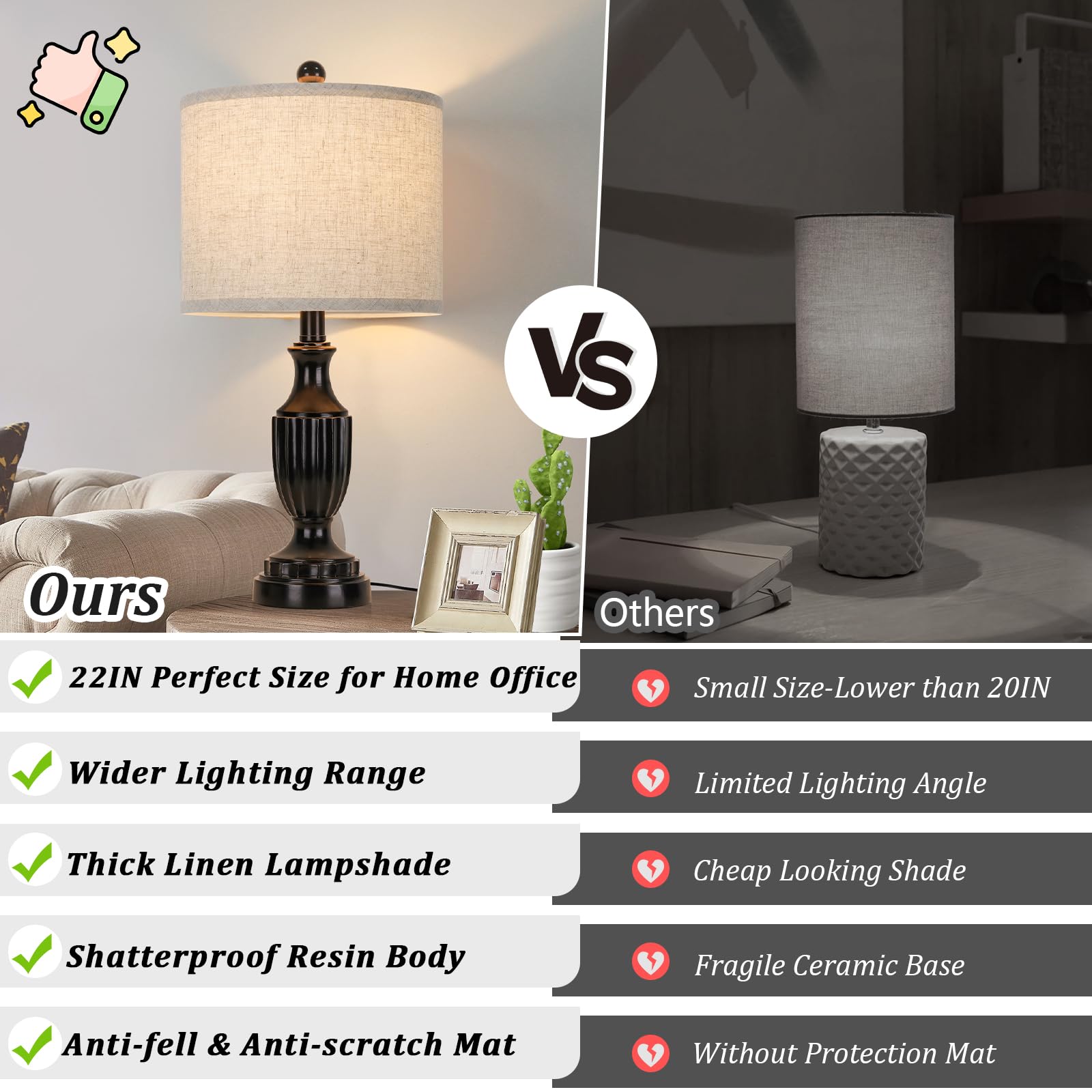 Tobusa Farmhouse Living Room Table Lamps Set Of 2, Matte Black Rustic Vintage Table Lamps For Bedroom Nightstand, Antique Bedside Desk Lamps With Linen Shade, 22’’ Small Resin Lamp Sets For End Table