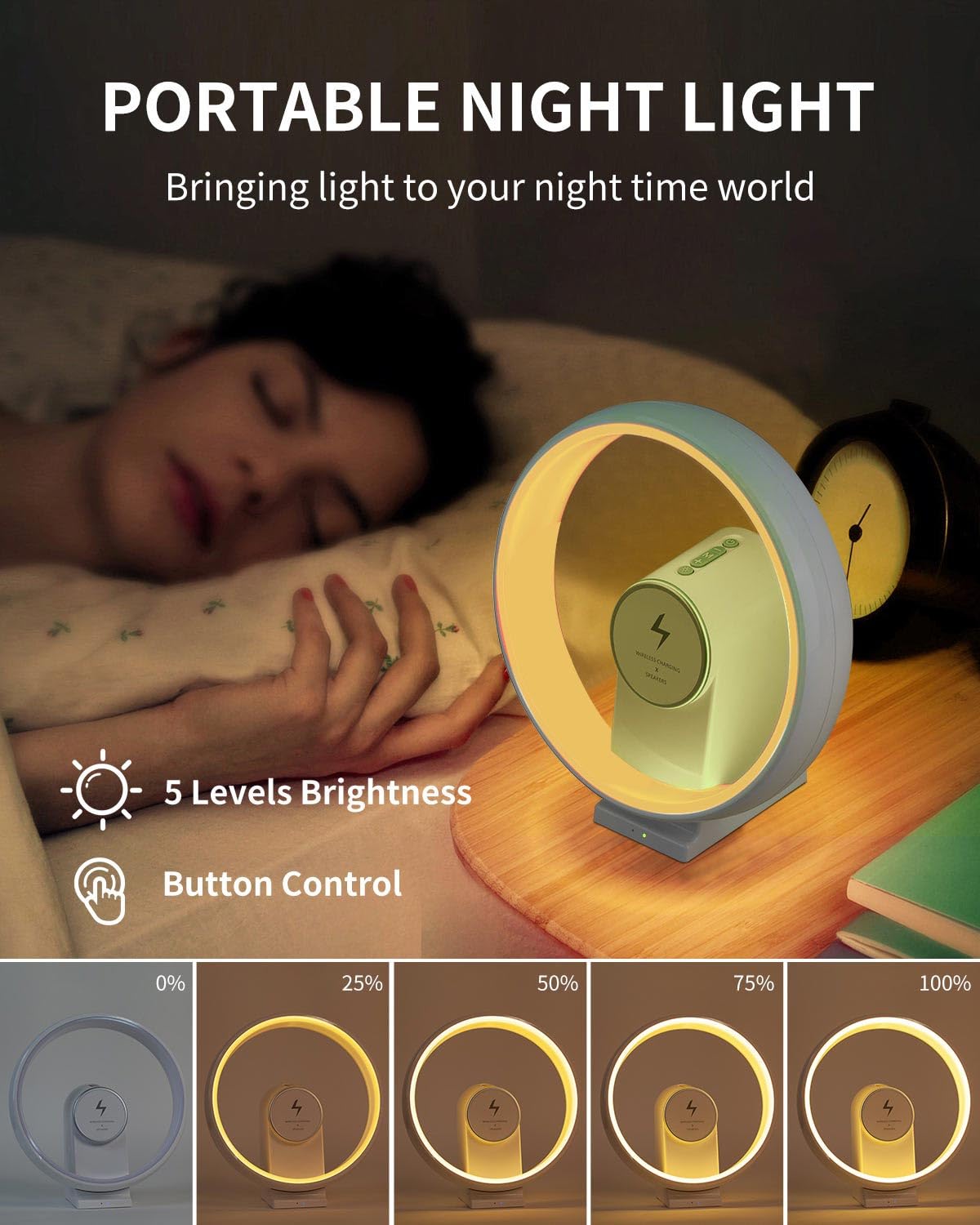 Pluwel 5-In-1 Ambient Bedside Table Lamp With Dimmable Rgb Night Lights, Portable Bluetooth Speaker, 15W Wireless Charging Station, Sturdy Phone Holder, Trendy For Teen Boy Girl