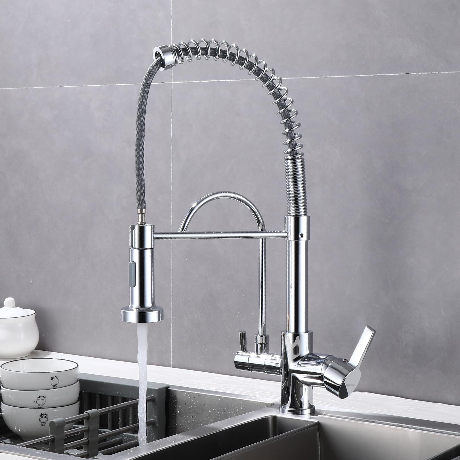 Piiripple Kitchen Sink Faucet With Sprayer 2 Handle 3 In 1 Water Filter Purifier Spring Drinking Water Faucets, Brass Drinking Water Faucet Reverse Osmosis Faucet,Chrome, Js00001C