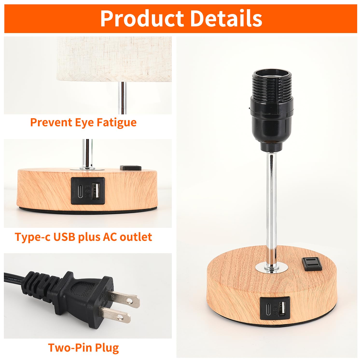 Xiaobei Bedside Table Lamp With Usb C Port - Touch Control For Bedroom Wood 3 Way Dimmable Nightstand Lamp With Round Flaxen Fabric Shade For Living Room, Dorm, Home Office, Led Bulb Included