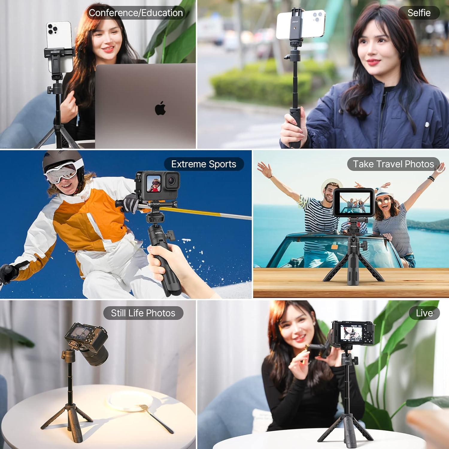 Ulanzi M12 Extendable Selfie Stick For Action Camera, Portable Vlog Cell Phone Tripod Stand With Phone Mount Action Camera Adapter, Mini Hand Grip Compatible With Hero 13/12/11/10/9/8/7/6/5 Smartphone