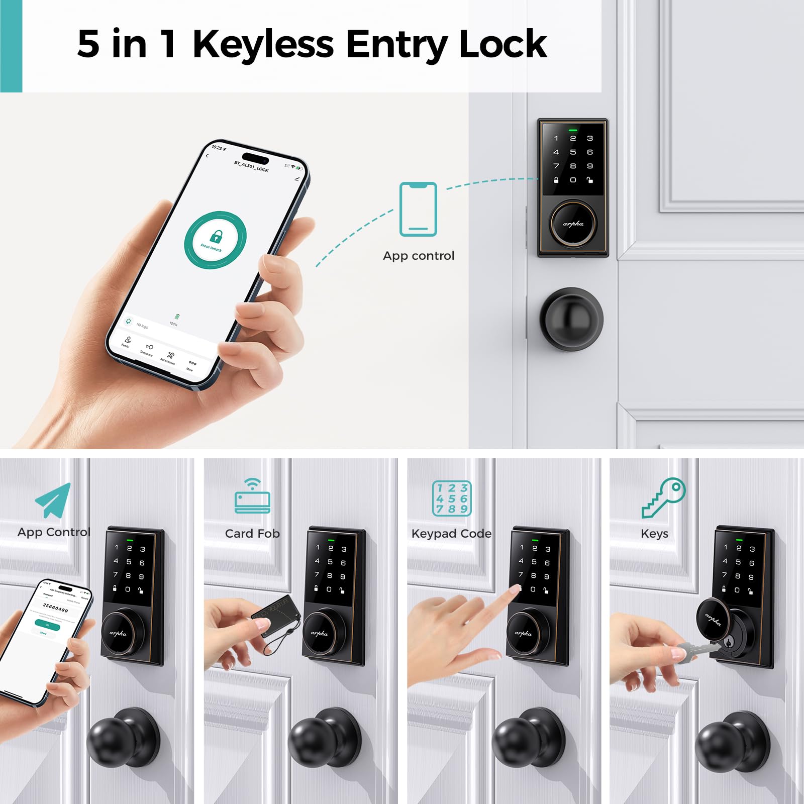 Arpha Keyless Entry Door Lock Deadbolt With Handle Set, 5-In-1Electronic Door Locks Deadbolt, 5 Ways To Unlock, 100 User Codes, Auto-Locking, Ip54 Waterproof, Easy To Install
