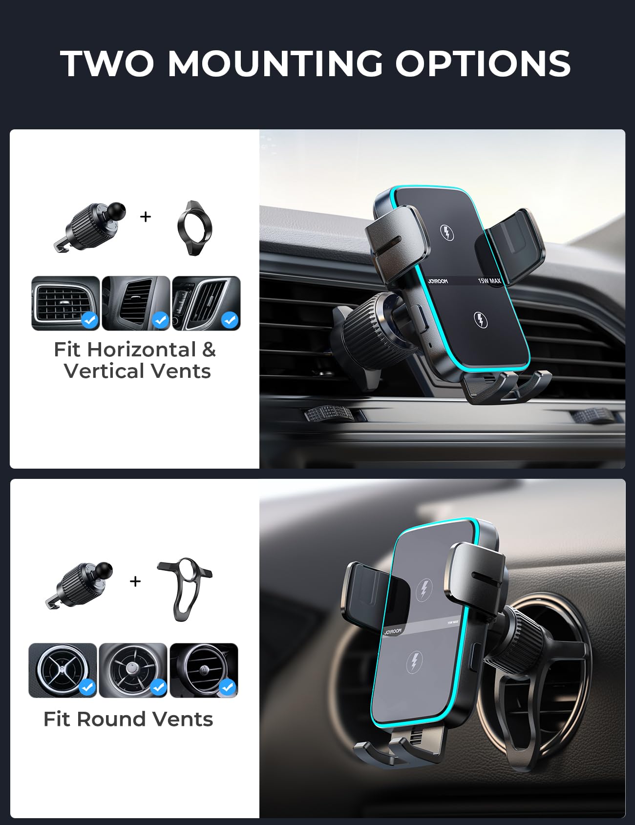 Joyroom Wireless Car Charger Mount【Dual Coil】 Car Phone Holder Charger With Auto Smart Clamping Alignment For Iphone 16 Pro Max 15 14 13 12 11 Pro Max, Samsung Flip, Galaxy S24/S24/S22/21Ultra