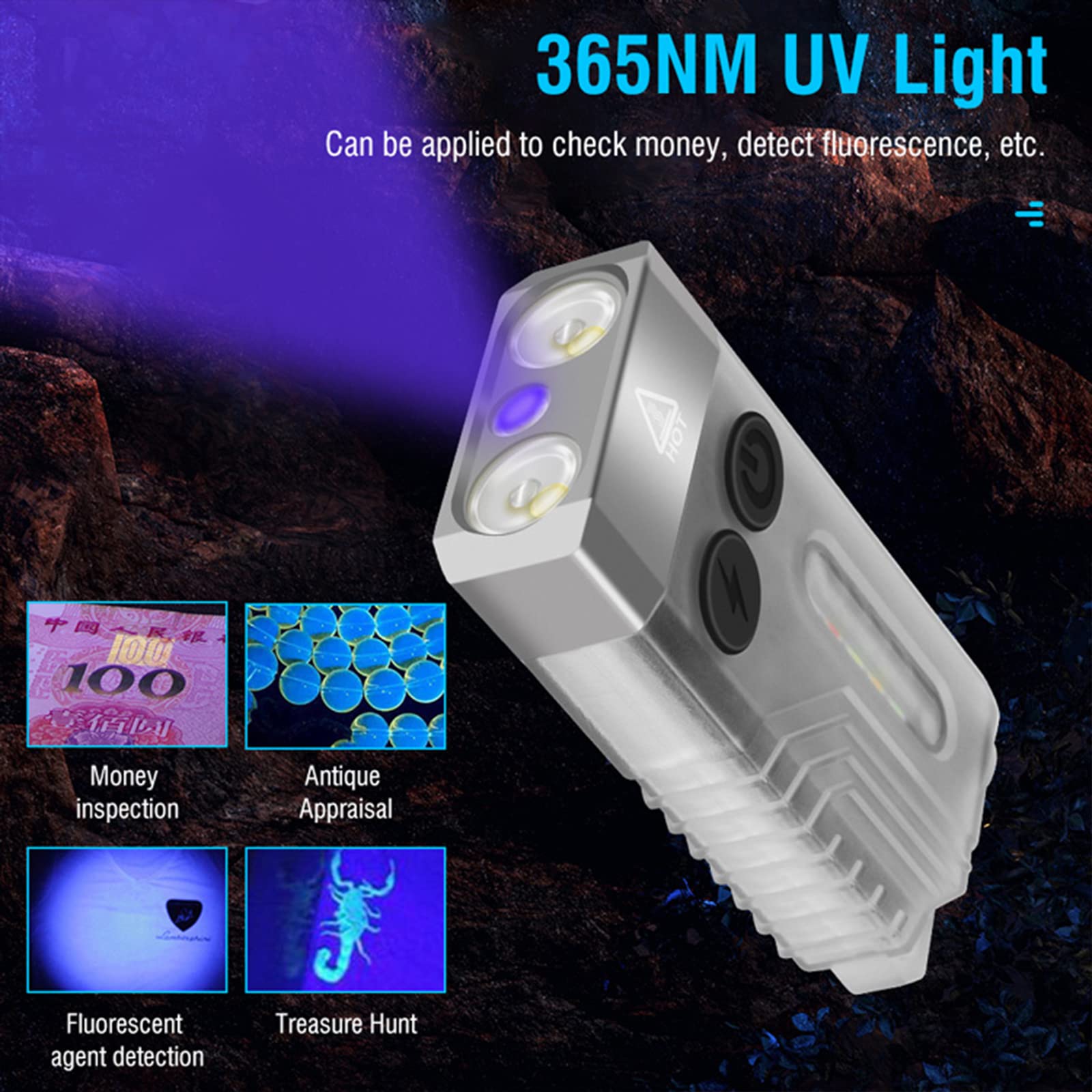Fitorch Small Powerful Edc Flashlight, Super Bright 1000 Lm Rechargeable Led Keychain Flash Light With 365Nm Uv Red Green Blue Light, Mini Pocket Cob Side Tail Magnet - 14 Modes, Ipx4, White (V10)