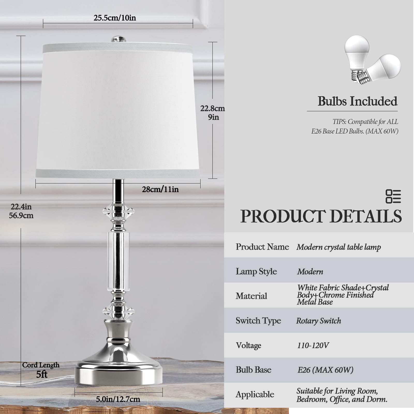 Spclsim Crystal Table Lamps For Bedroom Set Of 2, 23.4" Modern Buffet Living Room End Table Lamps With Glossy Silver Metal Base, White Shade Bedside Nightstand Lamps