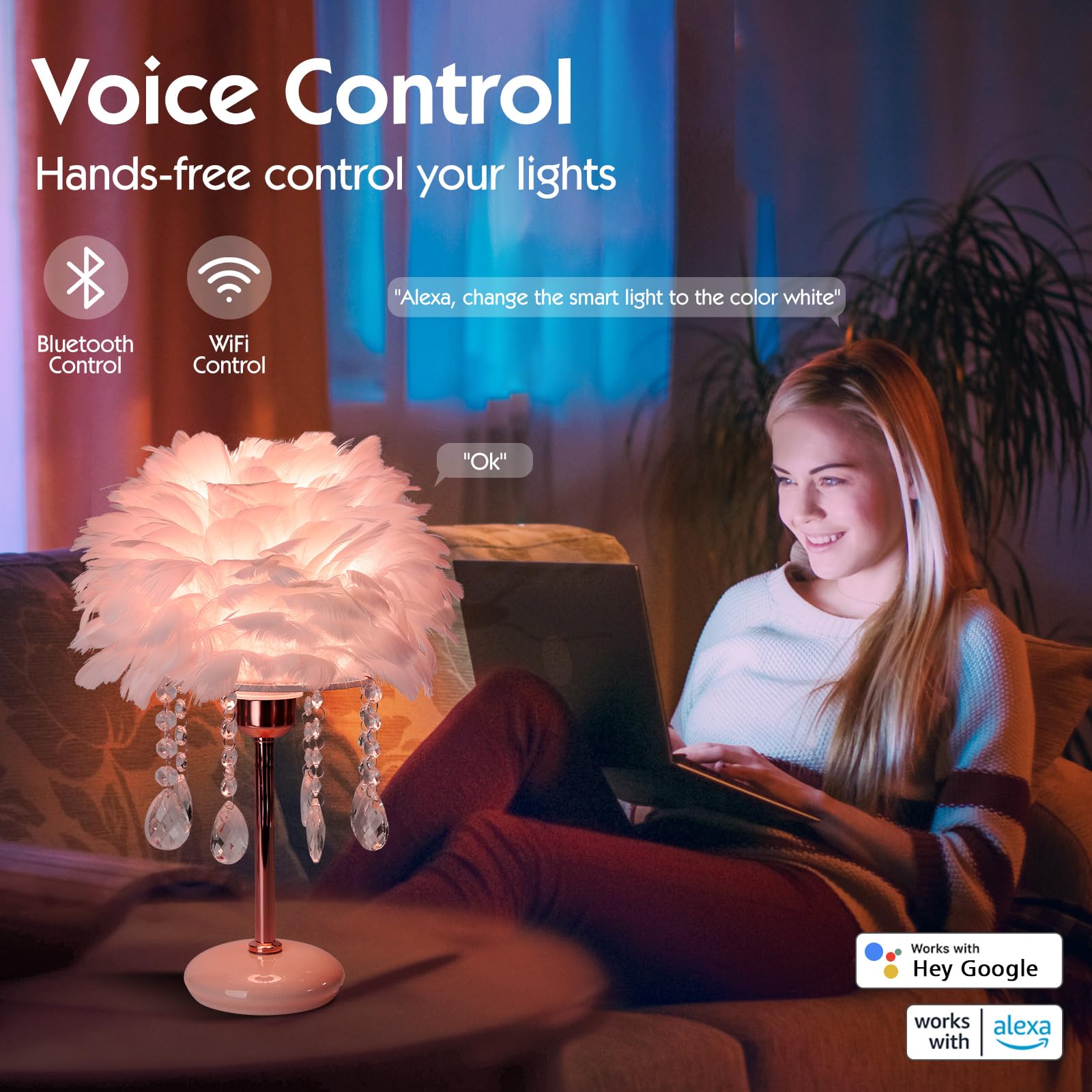 Gpsrsai Smart Feather Lamp Enchanting Rgb Dimmable Crystal Table Lamp Cute Princess Desk Light Small Led Bedside Lamp For Girls Room (White)