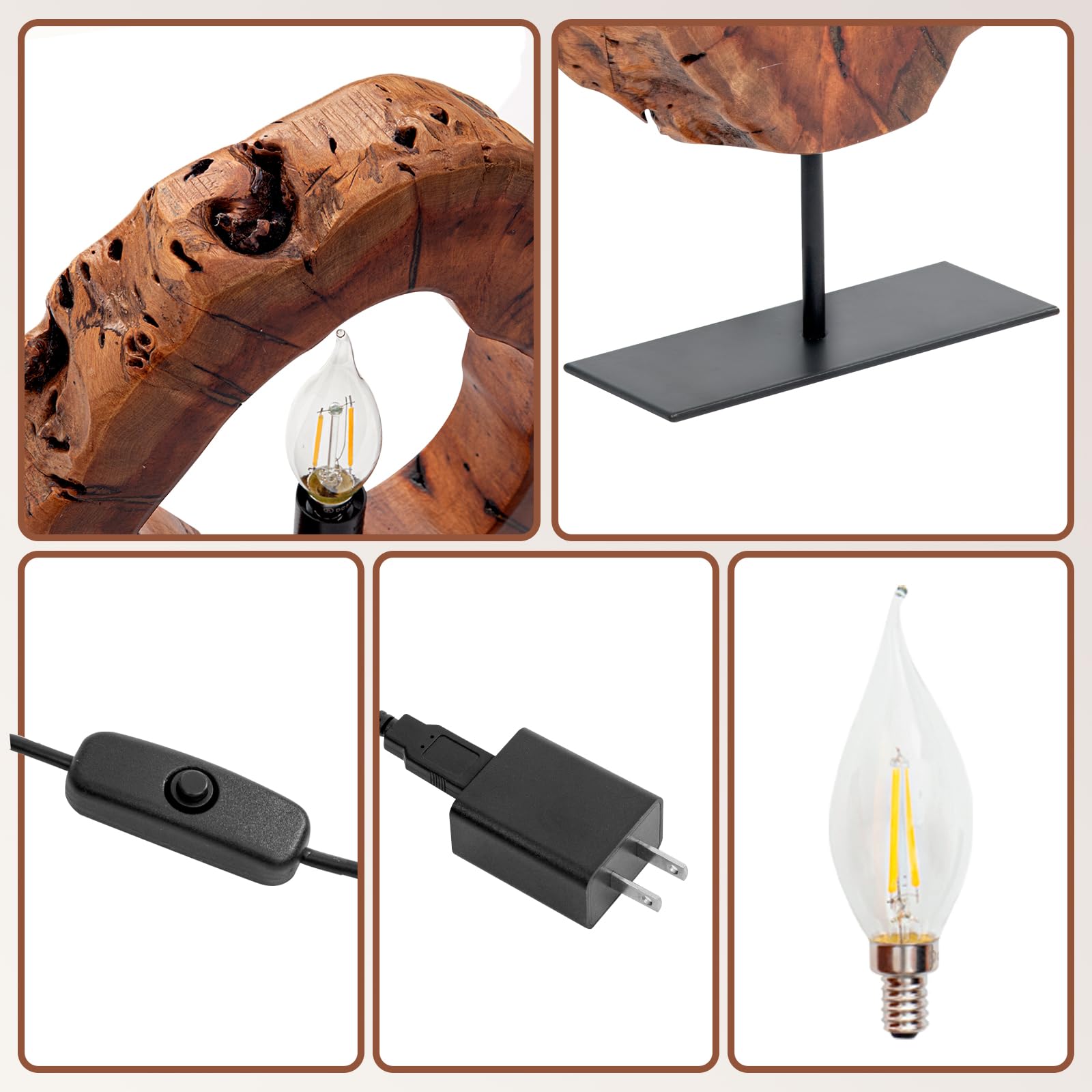 Laptain Wood Table Lamp, Irregular Jujube Tree Wooden Bedside Lamp, Creative Home Decor Table Lamp, Bedside Night Light For Bedroom, Living Room, E12, On-Off Button, Iron Base