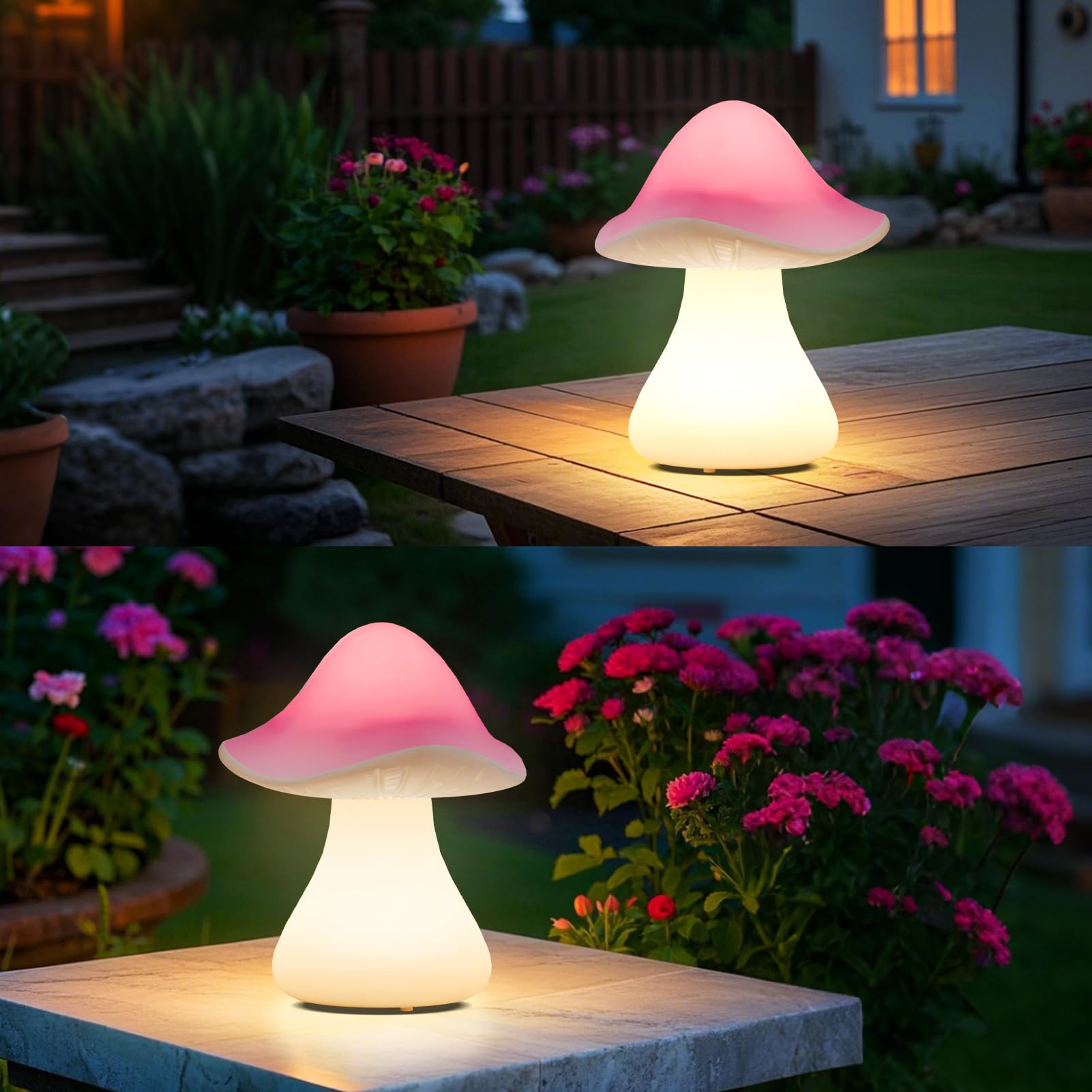 Fuyo Pink Mushroom Table Lamp With Warm White Led - Indoor/Outdoor Decorative Light, Ip44 Waterproof, Rechargeable Usb-Powered, 2 Brightness Levels For Bedroom, Garden, Patio Decor, Easter Decor