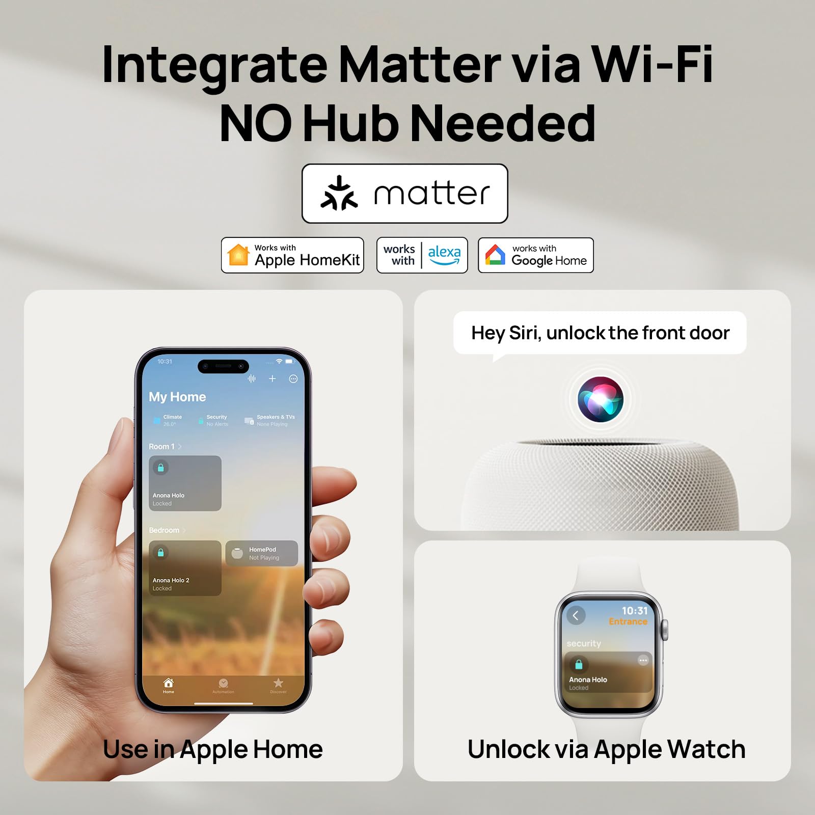 Anona Holo Wi-Fi Smart Lock With Keypad, Keyless Entry Deadbolt Door Lock With App Remote Control, Autolock & Anomaly Detection, Non-Destructive Installation, Supports Alexa, Apple Home