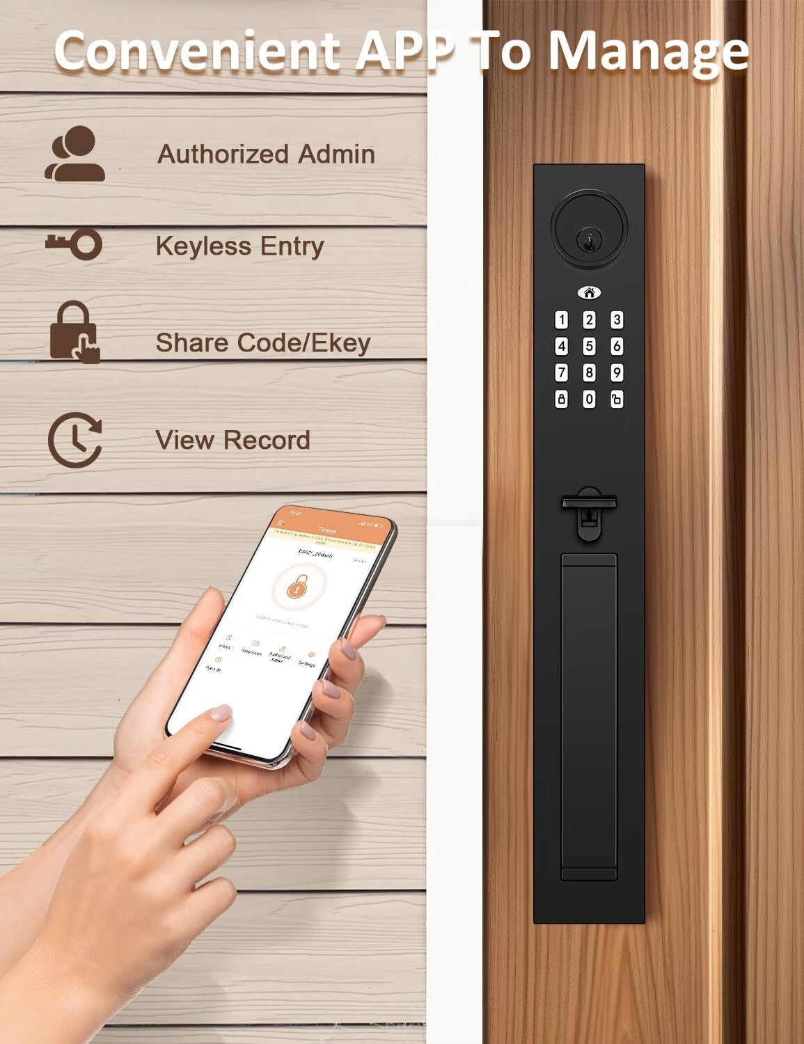 Tia Keyless Entry Door Lock With Lever, Full Escutcheon Smart Door Handle, Digital Keypad Deadbolt With App, Front Door Handleset With Single Cylinder Deadbolt And Lever, Auto Locking, Black Finish