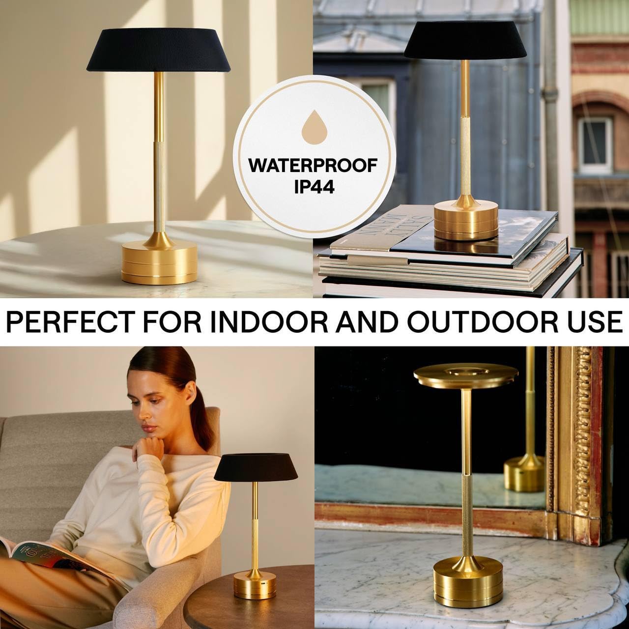 Wonder Family Led Cordless Table Lamp - Rechargeable Light For Home, Bedside, Kitchen - Small Dimmable Tap Lights - Battery Powered Touch Lamp For Desk Wireless - Black And Gold Lamp Shades, Ip44, Usb Type C Cable