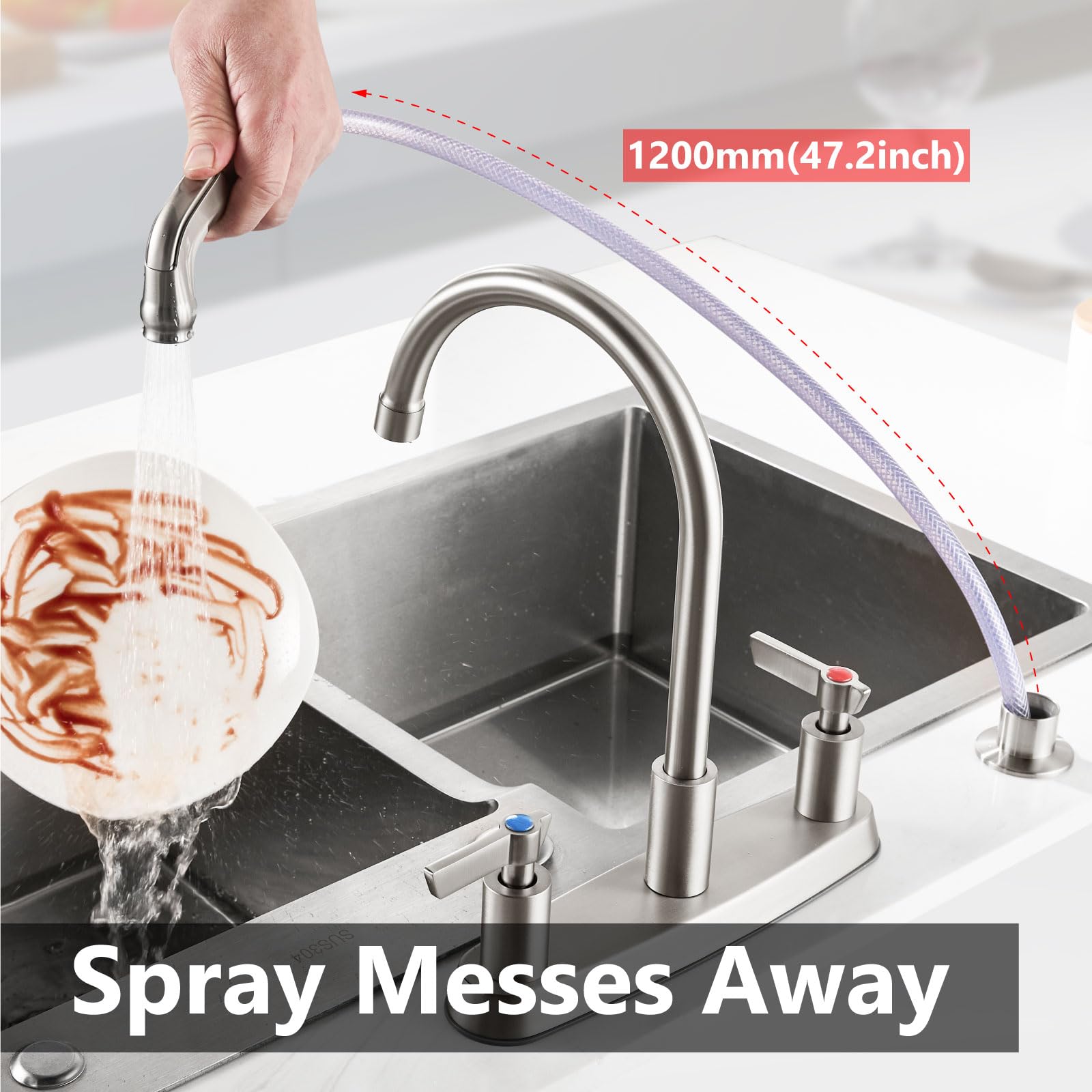 Gbbne Kitchen Faucet With Sprayer 2 Handle Kitchen Sink Faucets 8 Inch Centerset 3 Hole With Supply Lines Brushed Nickel