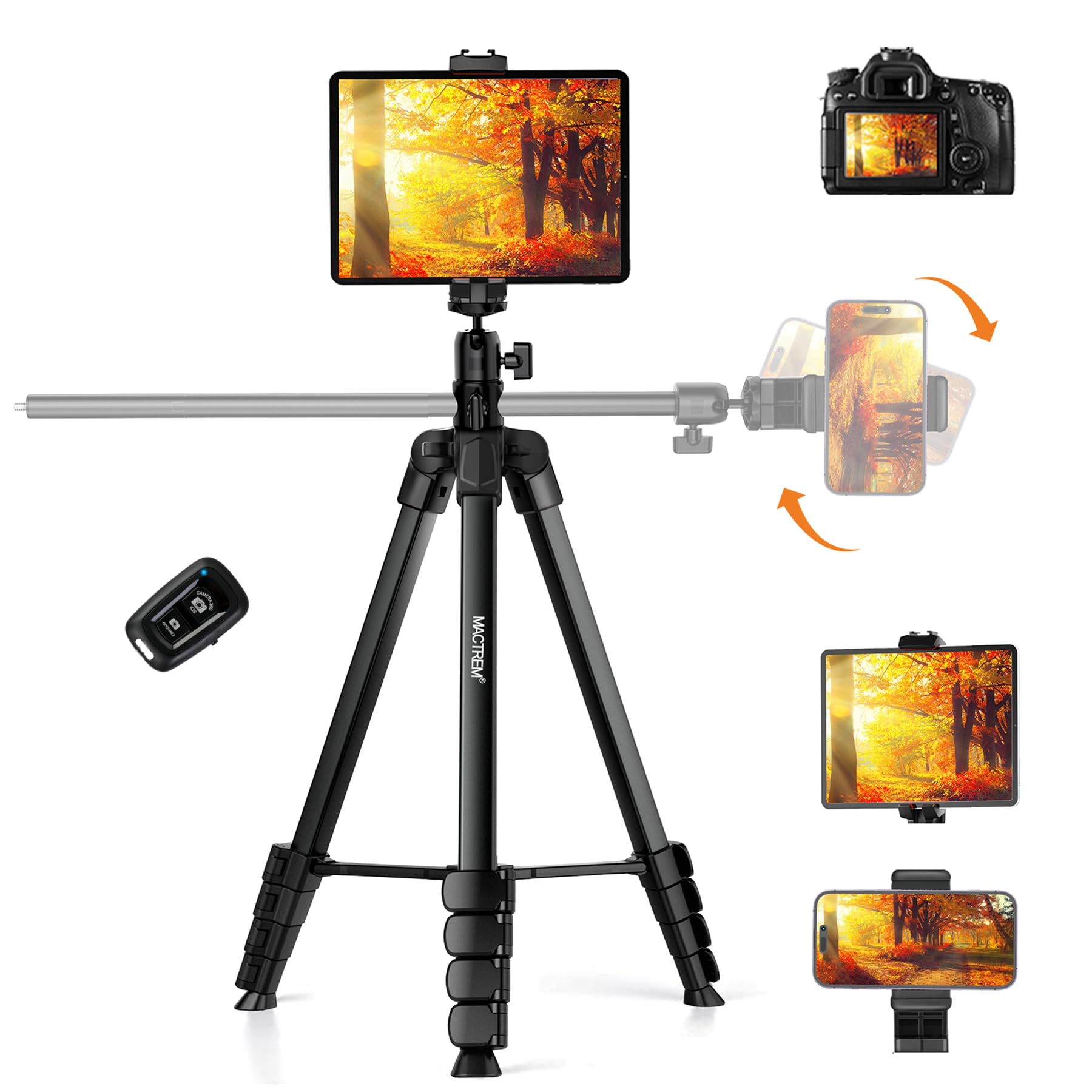 Mactrem Phone Tripod With Selfie Stick, 70" Horizontal Overhead Tripod For Iphone Ipad, Camera Tripod Stand With Wireless Remote For Video Recording/Selfies/Live Stream/Vlogging