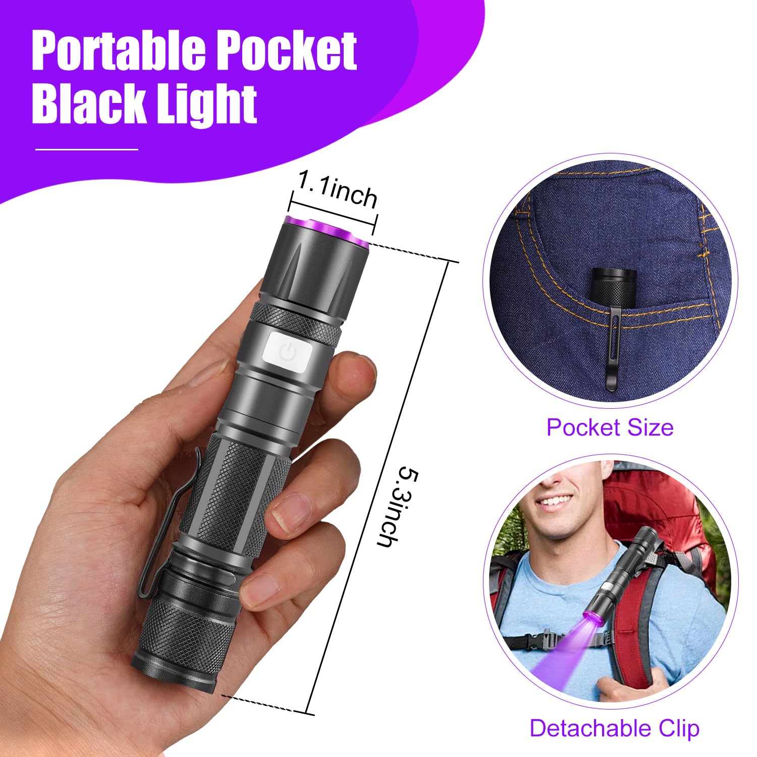 Annteneo Black Light Flashlight, 2Pack Uv Flashlights Usb-C Rechargeable 8Hours Long-Lasting Pure Ultraviolet Light, Fluorescent Detector For Dog,Pet Urine Stains,Flowers Glows,Uv Paint Glows,Hornworm