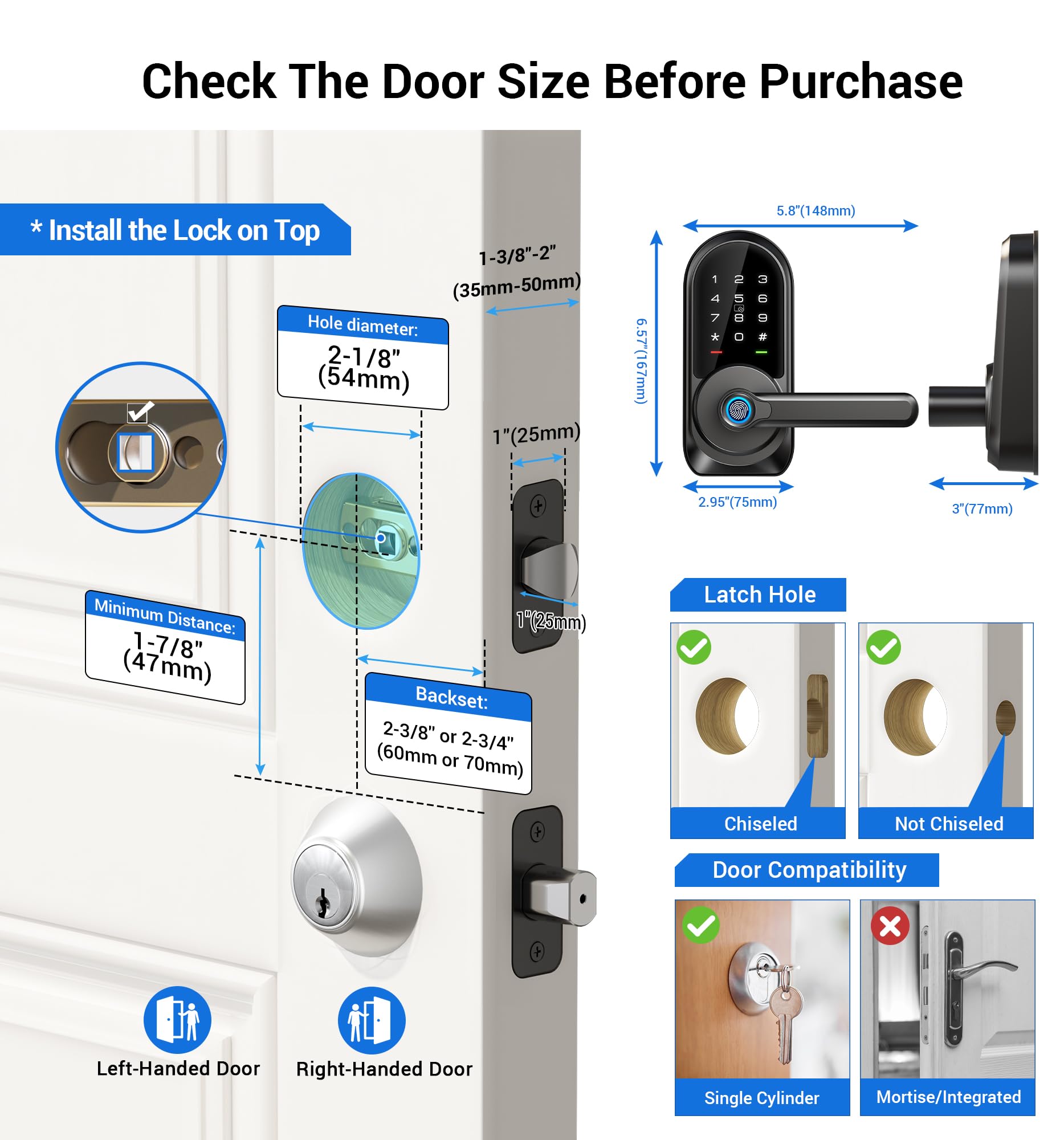 Veise Rz09 Smart Lock, 7-In-1 Keyless Entry With Handle Set, App Control Fingerprint Deadbolt For Front Door, Electronic Digital Locks With Keypad, Matte Black