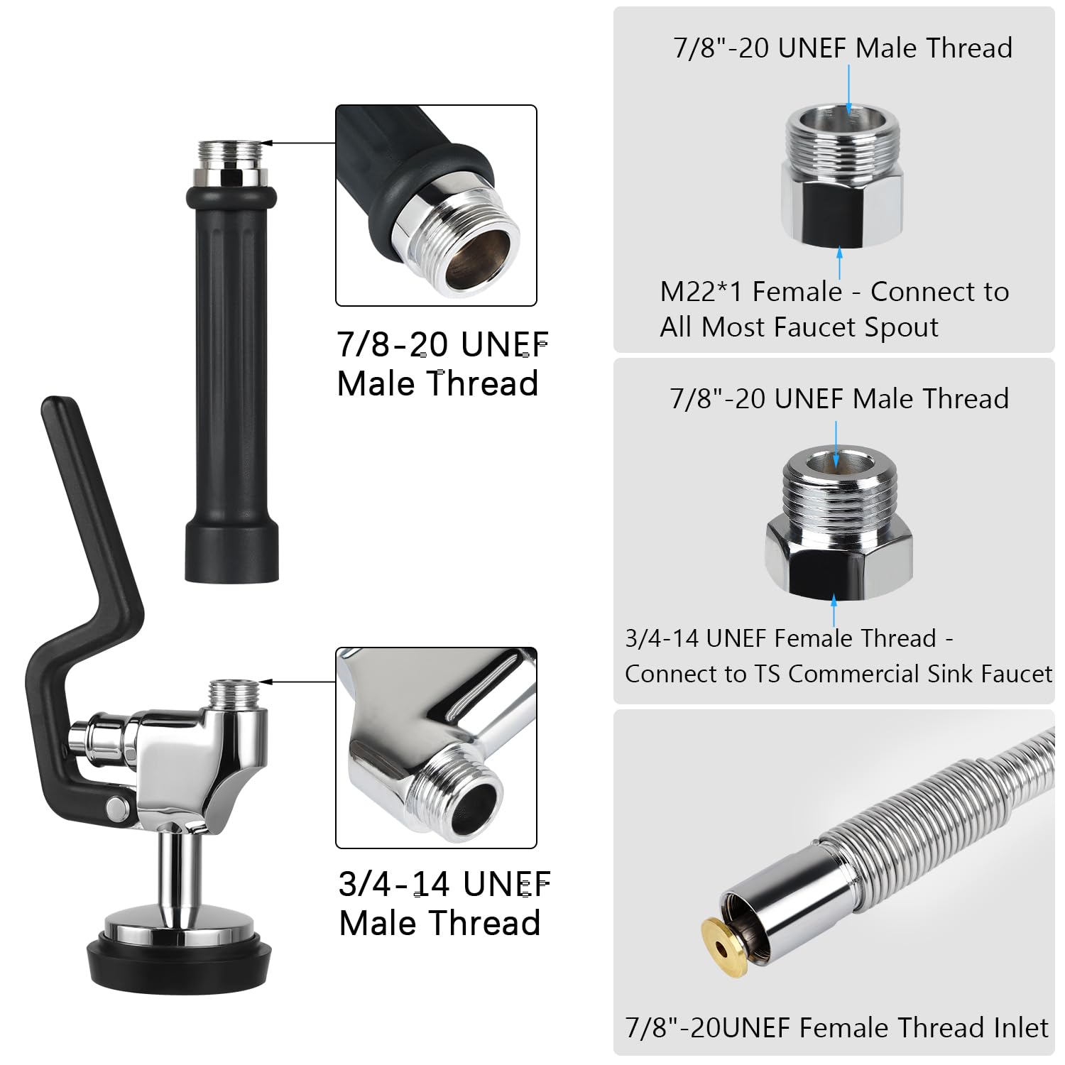 Tceumik Commercial Sink Sprayer With Stainless Hose & Pre-Rinse Overhead Spring, High-Pressure Dish Spray Valve 38Inch Flexible Hose Easy Installation For Home Commercial Restaurant Industrial (Black)