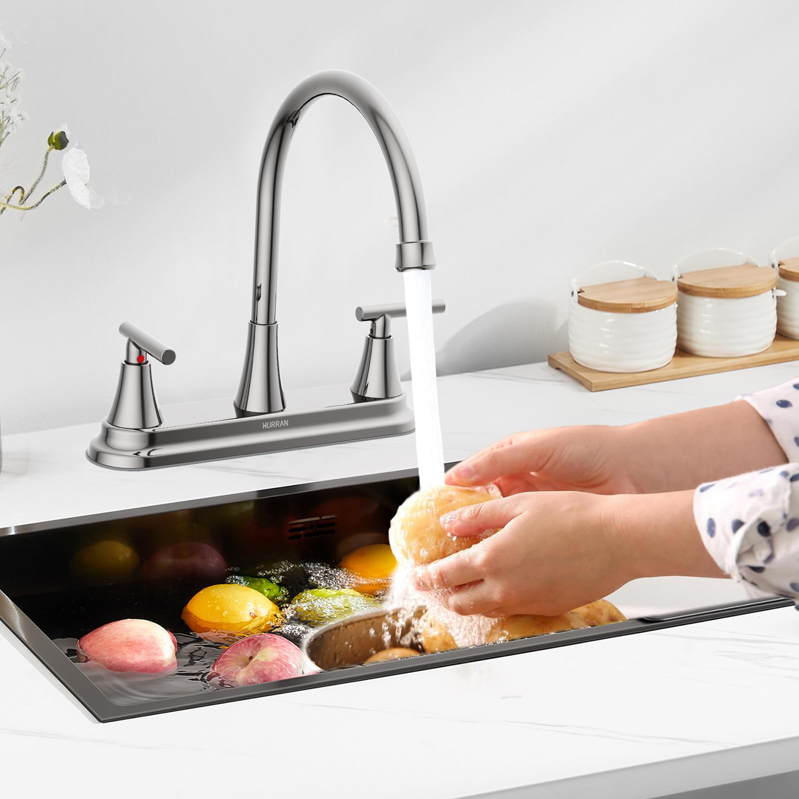 Hurran 2 Handle Kitchen Sink Faucet, 8 Inch High Arc 360°Swivel Kitchen Sink Faucet, 2 Or 3 Hole Kitchen Faucet Without Side Sprayer, Centerset Rv Kitchen Faucet With Stainless Steel Pipe, Nickel