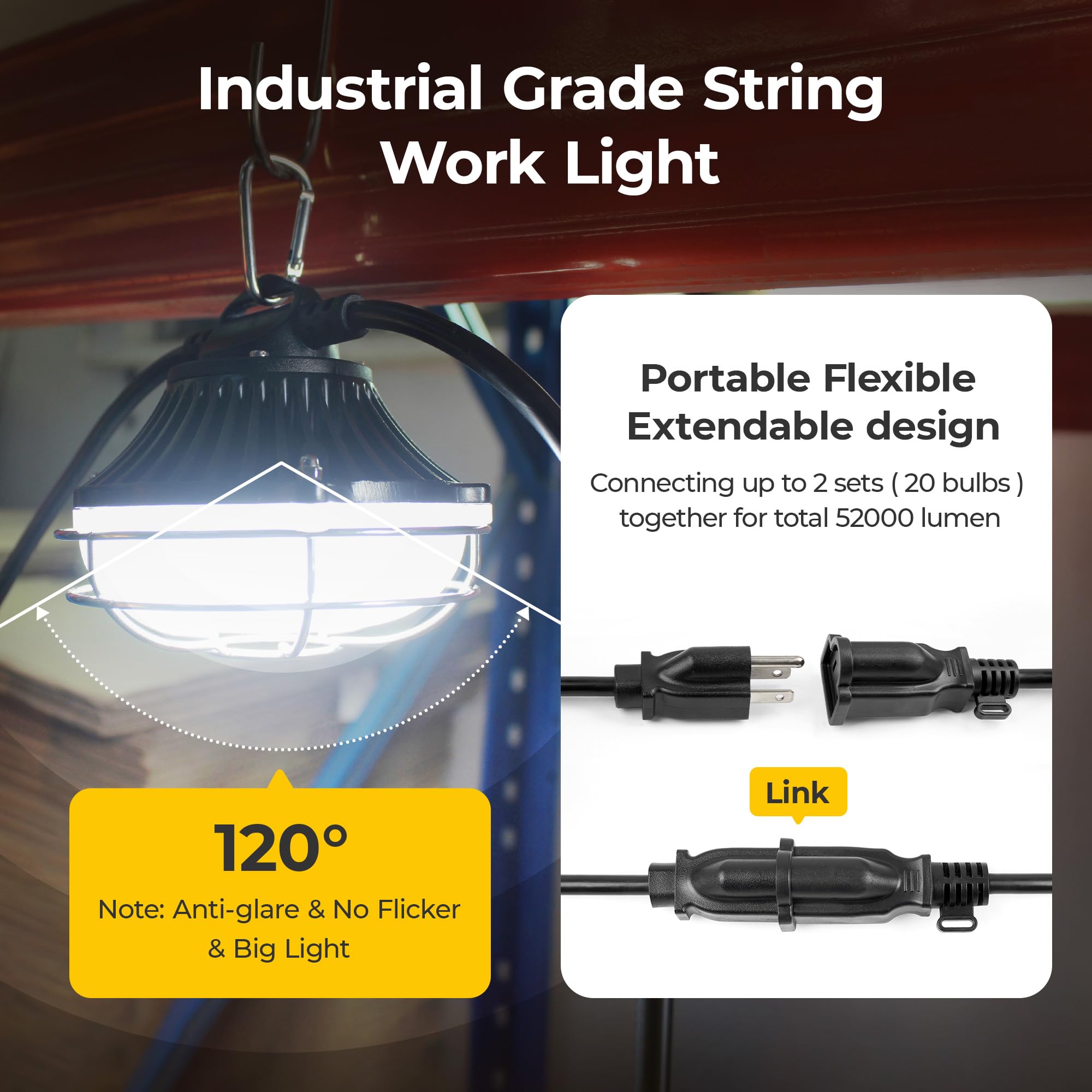 Omlite Aluminum Shell Construction String Lights: 100Ft 250W Linkable Etl Listed Super Bright Led Industrial Outdoor Temporary Lighting String Hanging Work Lights For Attic Jobsite